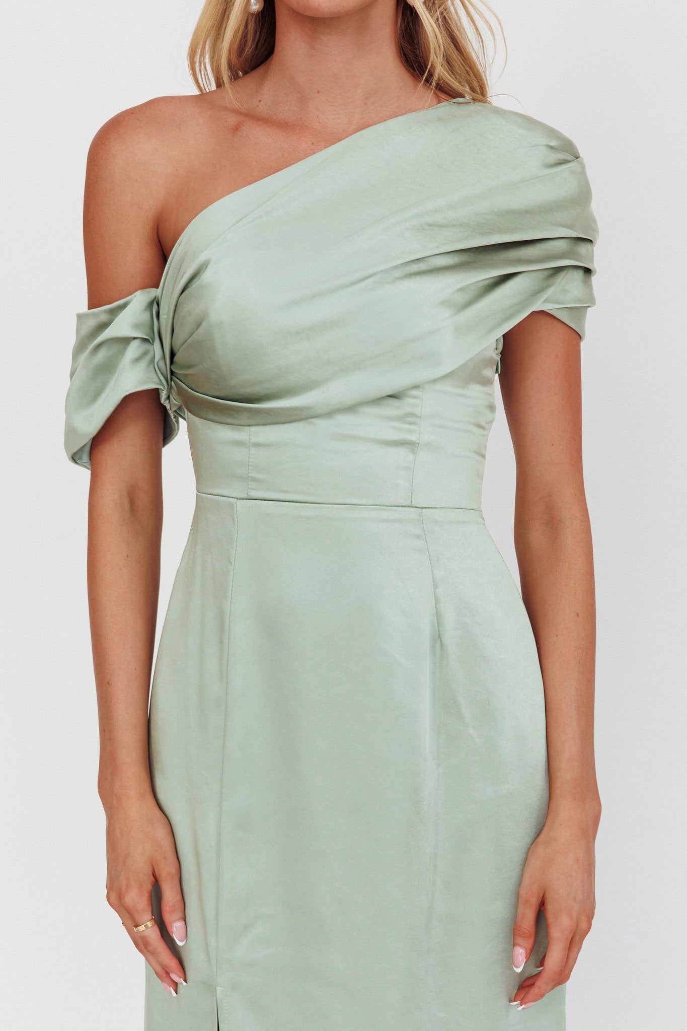 Bellissima Asymmetric Shoulder Maxi Dress Sage by Selfie Leslie Australia