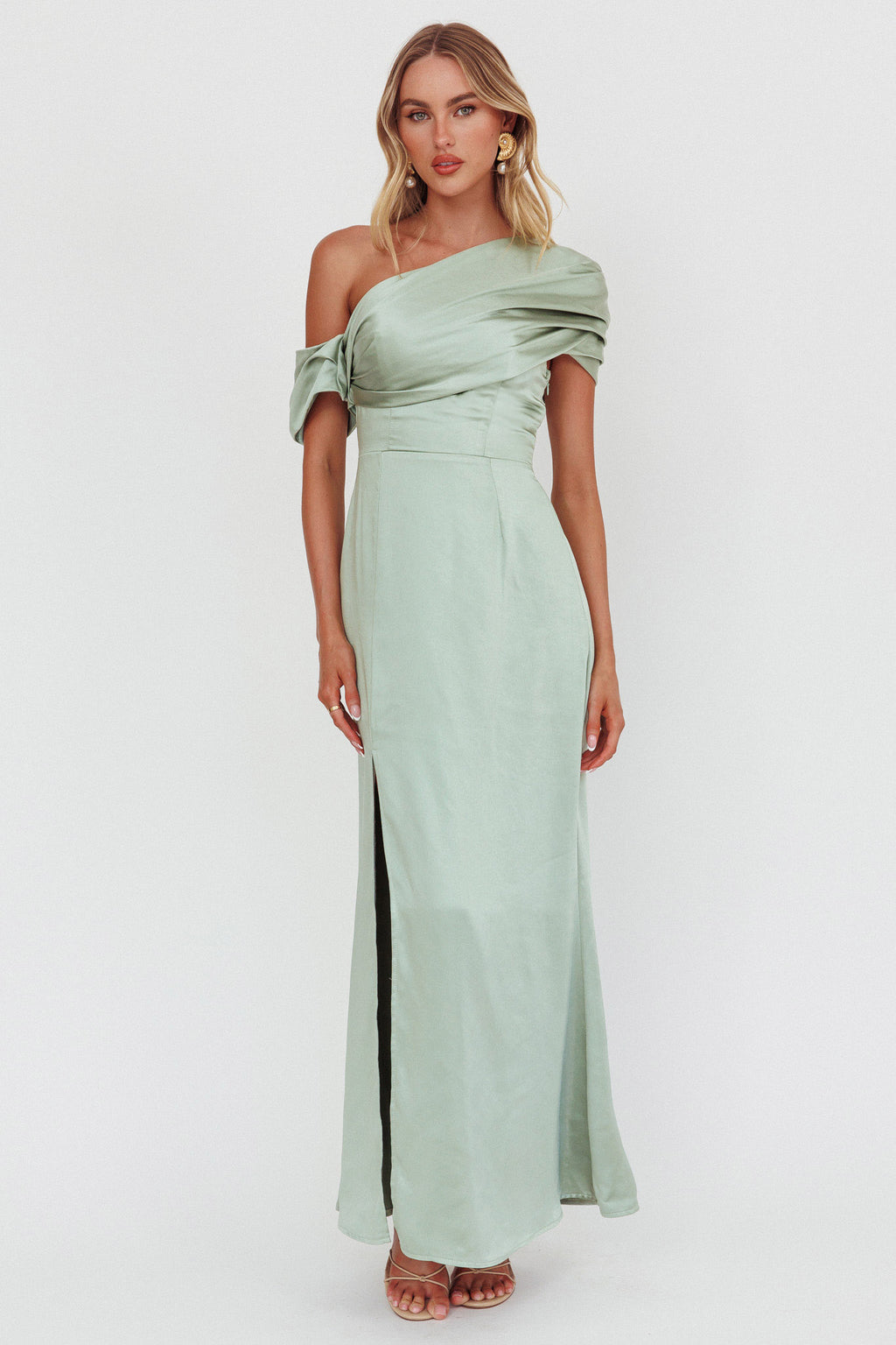 Bellissima Asymmetric Shoulder Maxi Dress Sage by Selfie Leslie Australia