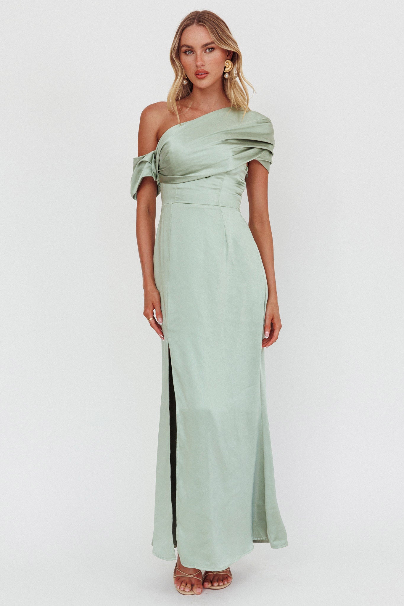 Bellissima Asymmetric Shoulder Maxi Dress Sage by Selfie Leslie Australia