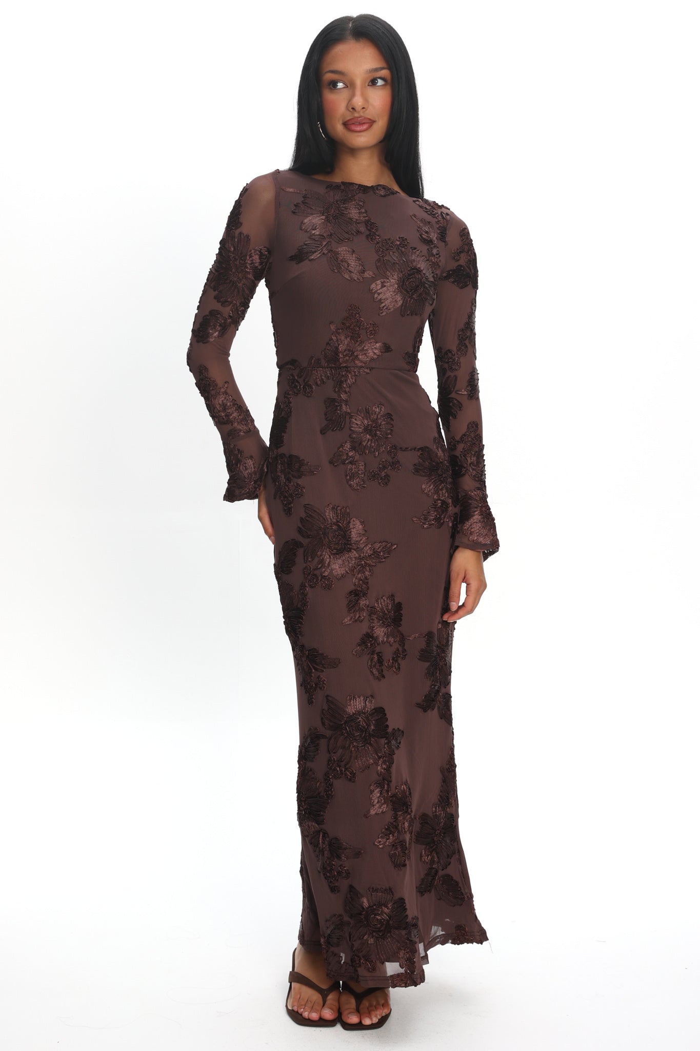 Helsi Long Sleeve Embellished Maxi Dress Brown by Selfie Leslie Australia