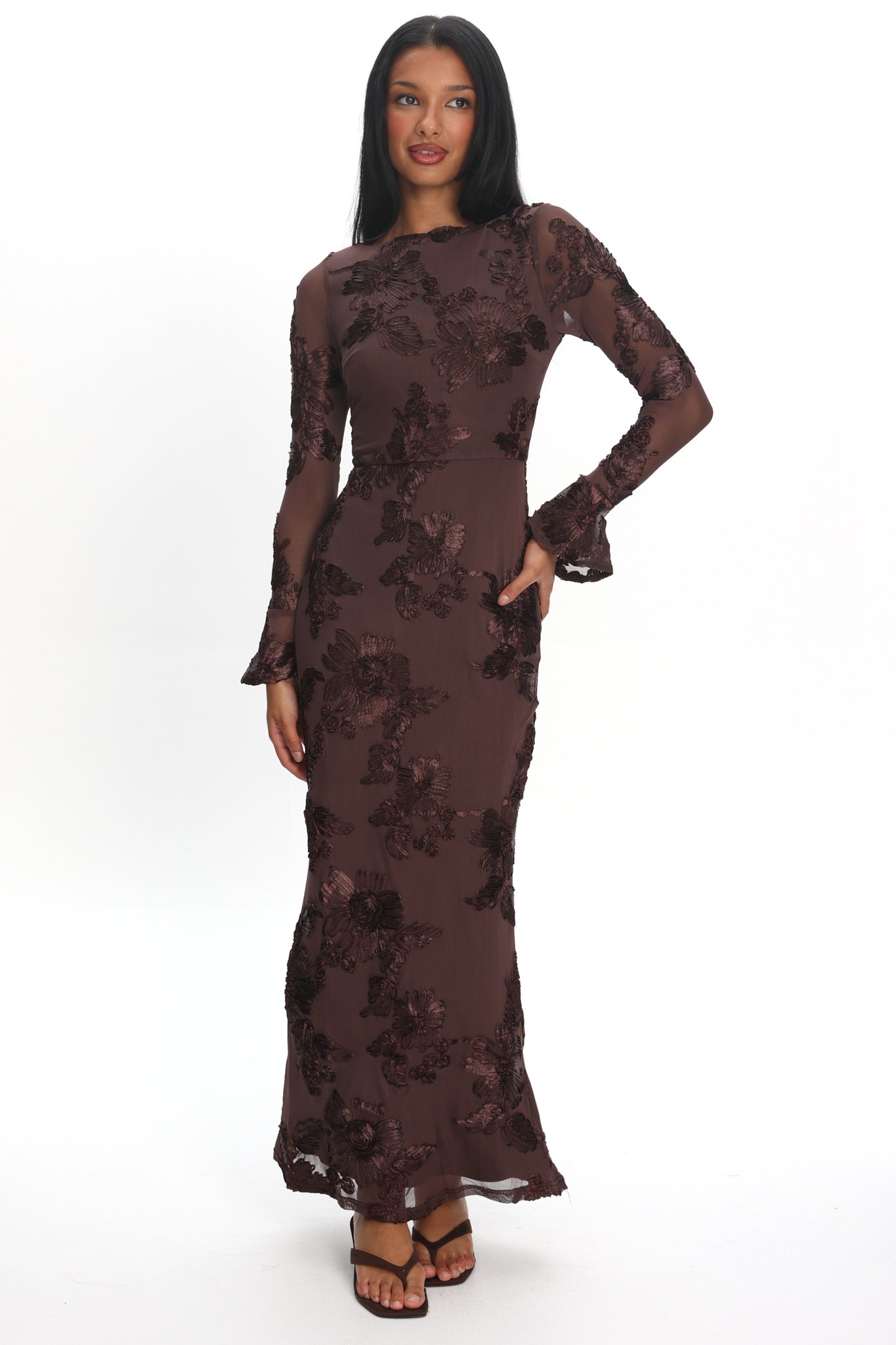 Helsi Long Sleeve Embellished Maxi Dress Brown by Selfie Leslie Australia