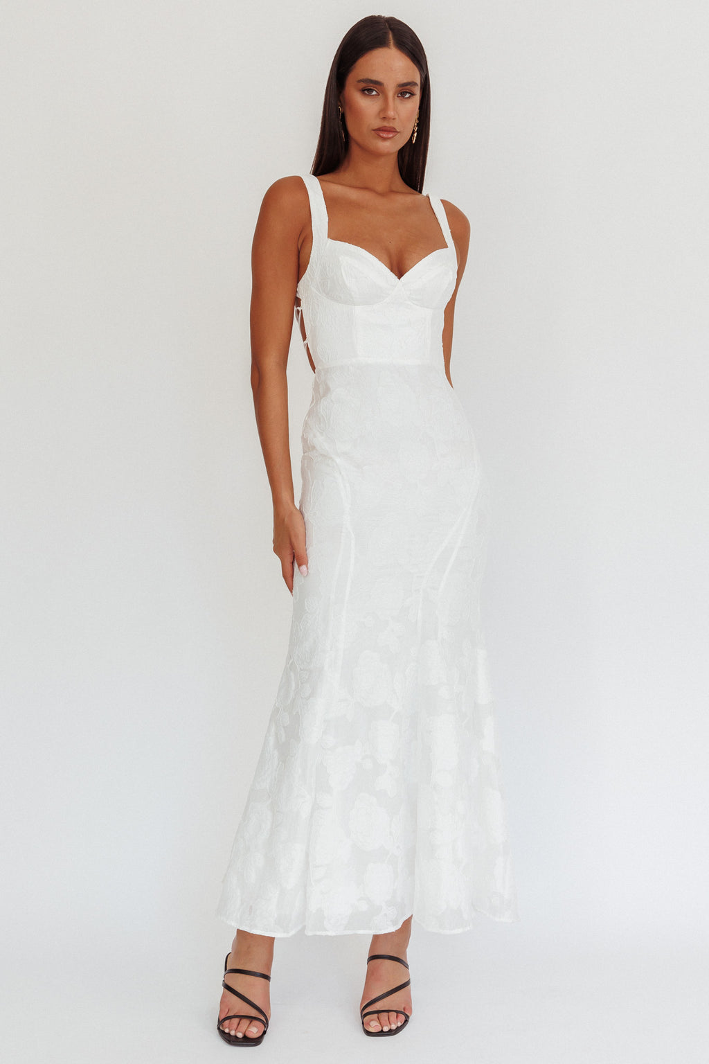 Autumn Moon Strappy Back Maxi Dress Textured White by Selfie Leslie Australia