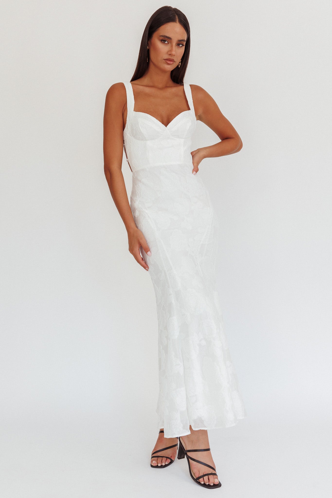 Autumn Moon Strappy Back Maxi Dress Textured White by Selfie Leslie Australia