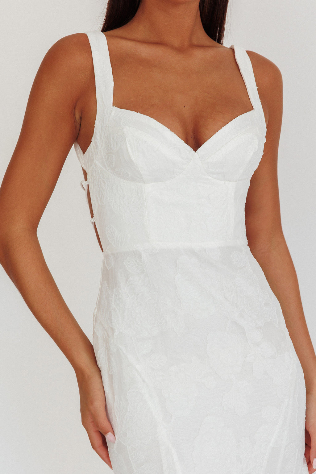 Autumn Moon Strappy Back Maxi Dress Textured White by Selfie Leslie Australia