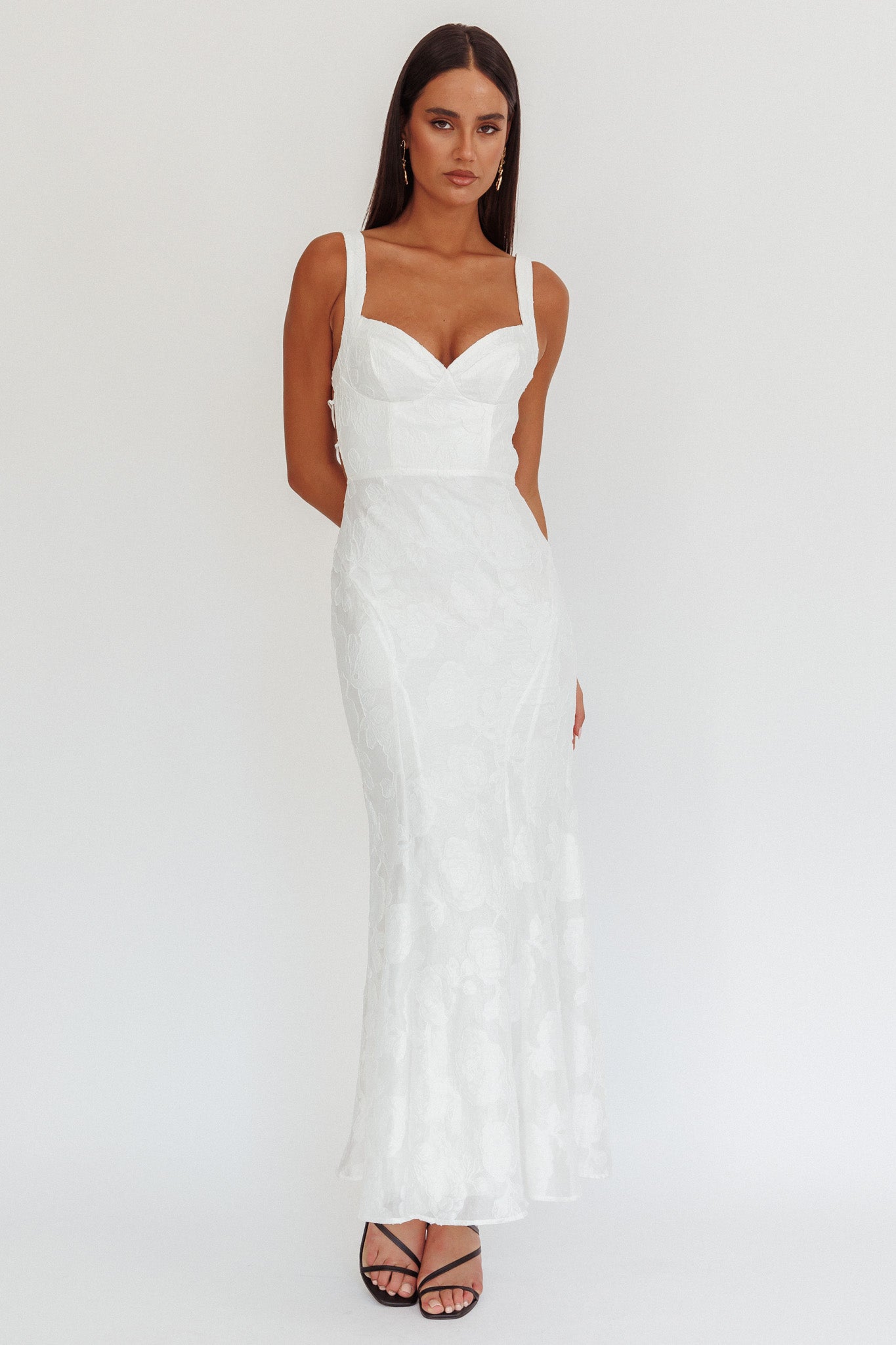 Autumn Moon Strappy Back Maxi Dress Textured White by Selfie Leslie Australia