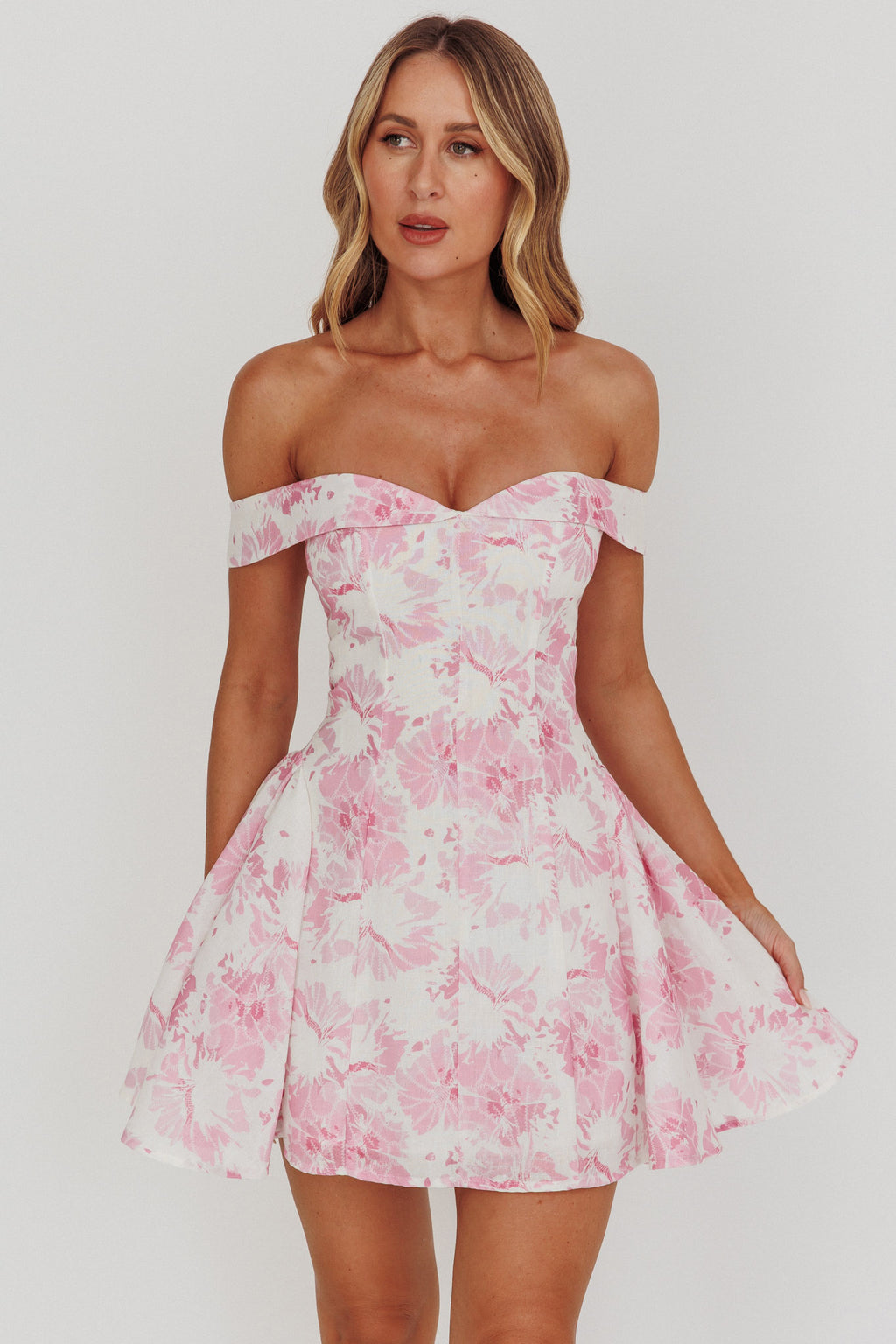 Courting Off-Shoulder Mini Dress Floral Pink by Selfie Leslie Australia