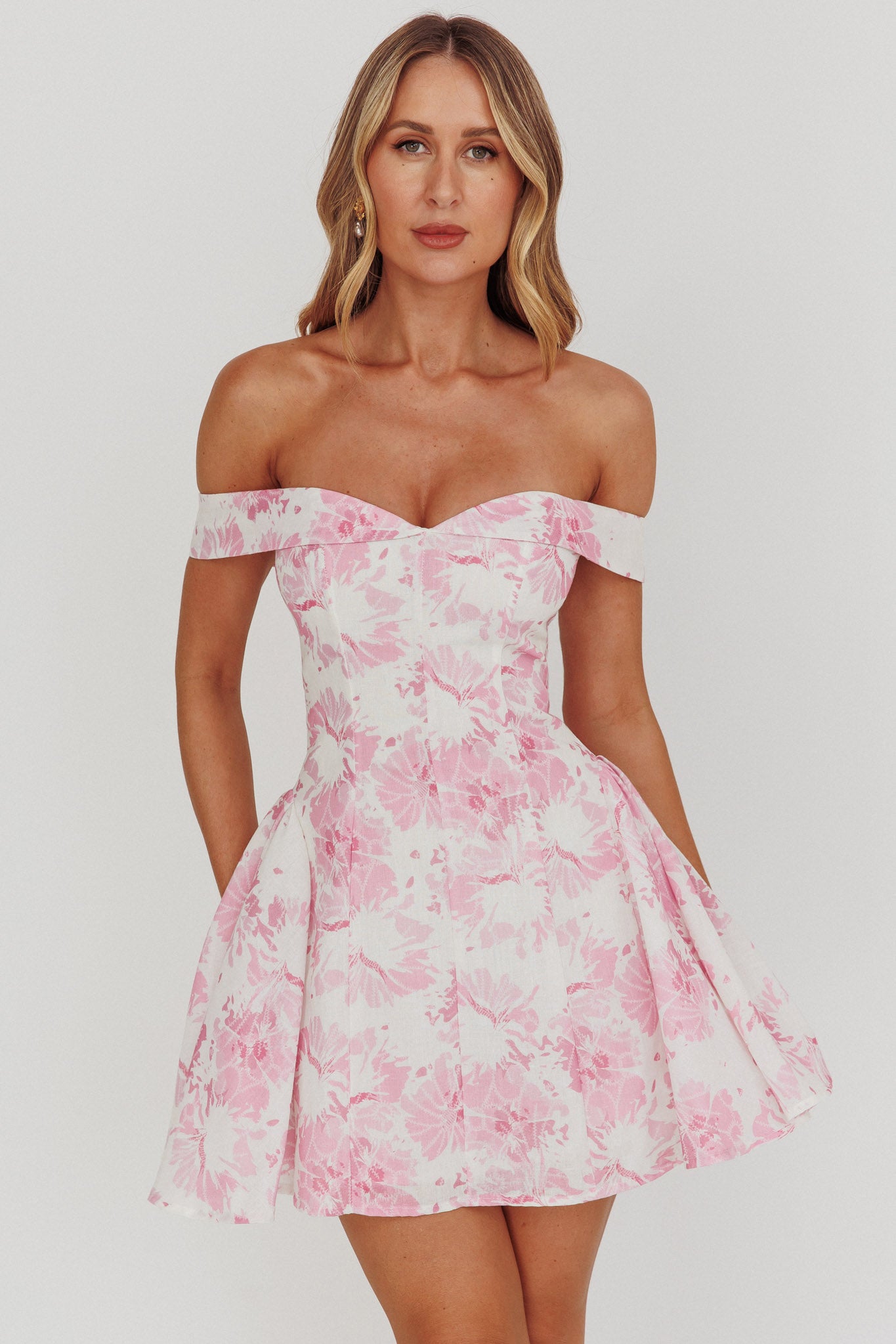 Courting Off-Shoulder Mini Dress Floral Pink by Selfie Leslie Australia