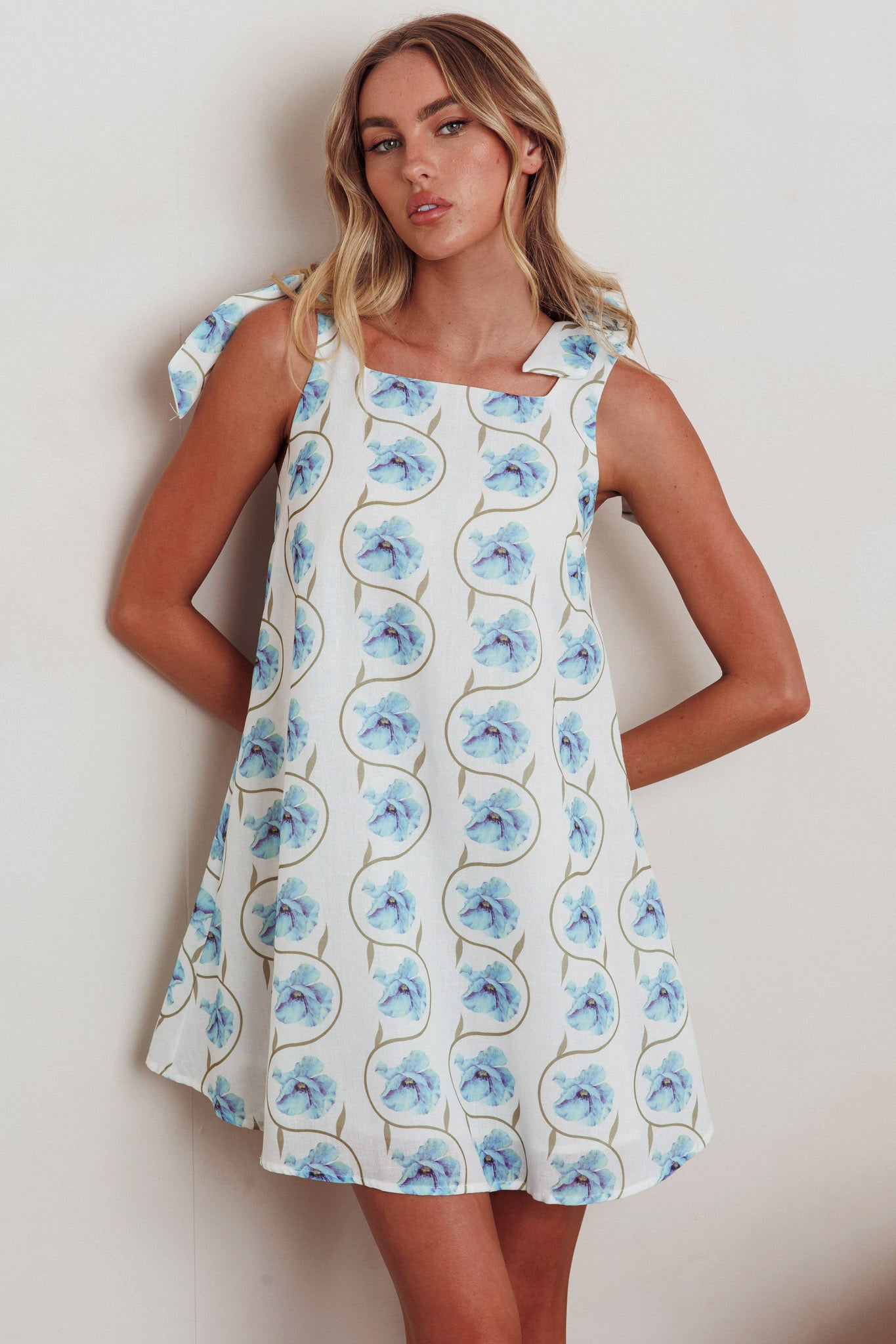 Annalee Tied Shoulder Mini Dress Floral Blue by Selfie Leslie Australia