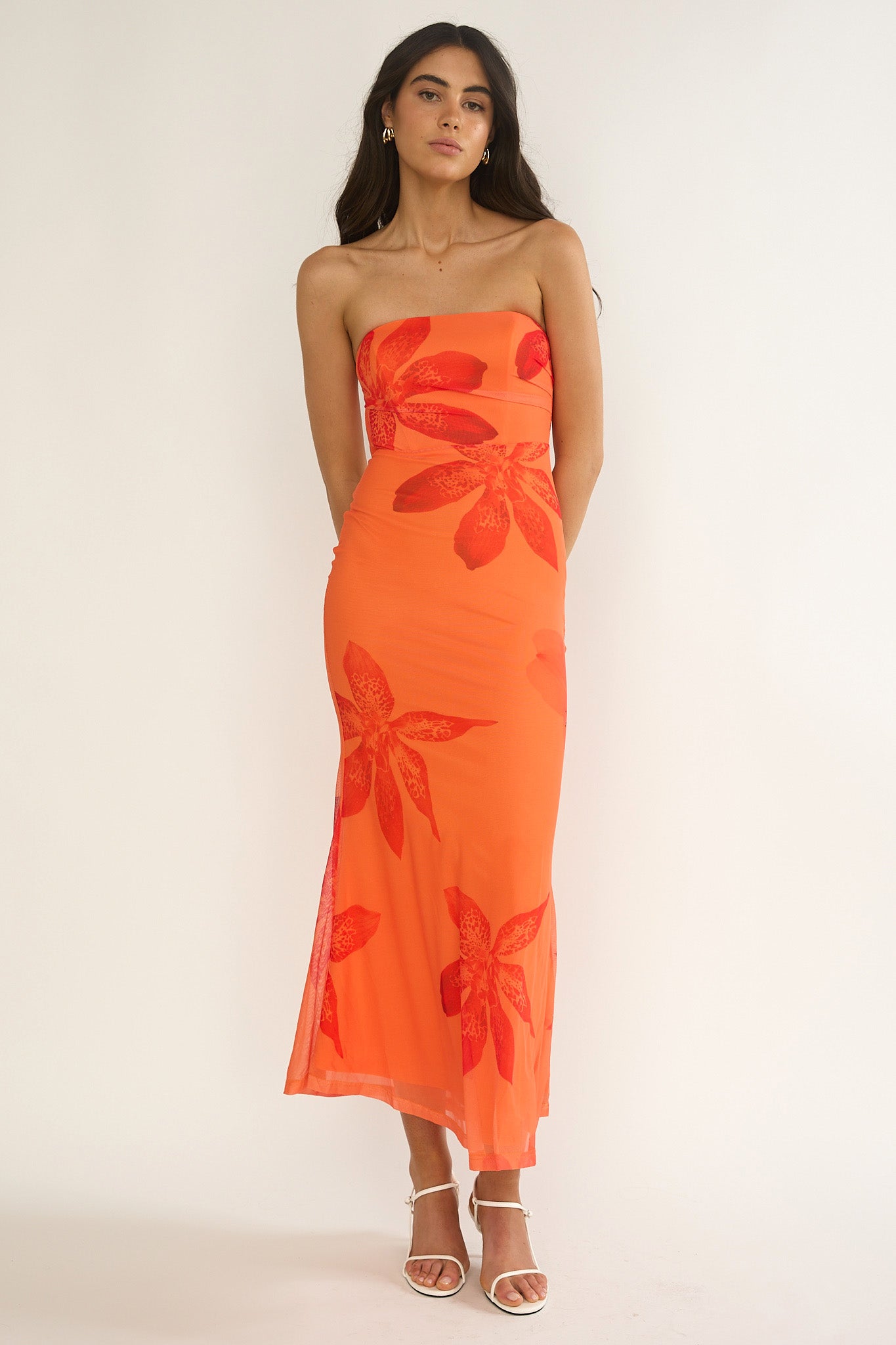 Minnesota Strapless Cowl Back Dress Floral Orange by Selfie Leslie Australia