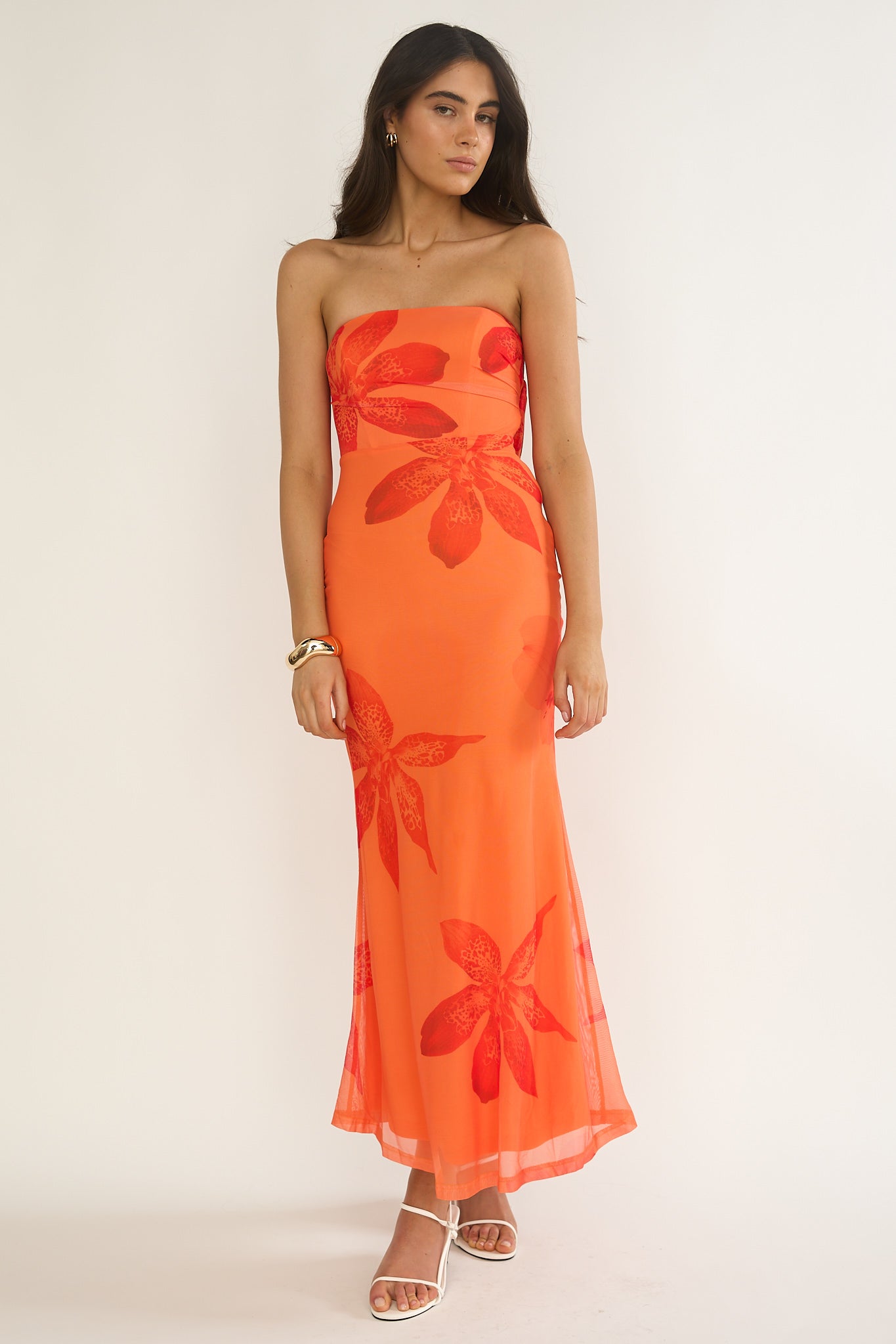 Minnesota Strapless Cowl Back Dress Floral Orange by Selfie Leslie Australia