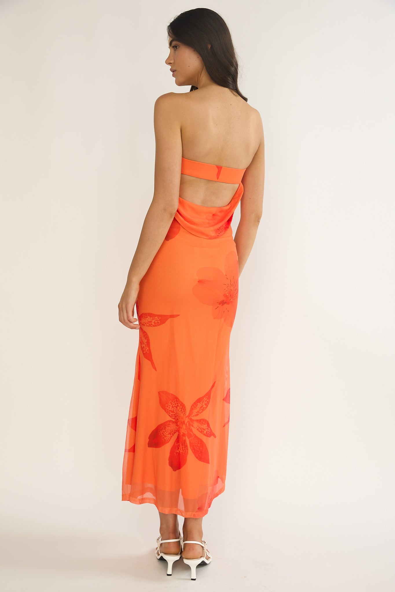 Minnesota Strapless Cowl Back Dress Floral Orange by Selfie Leslie Australia