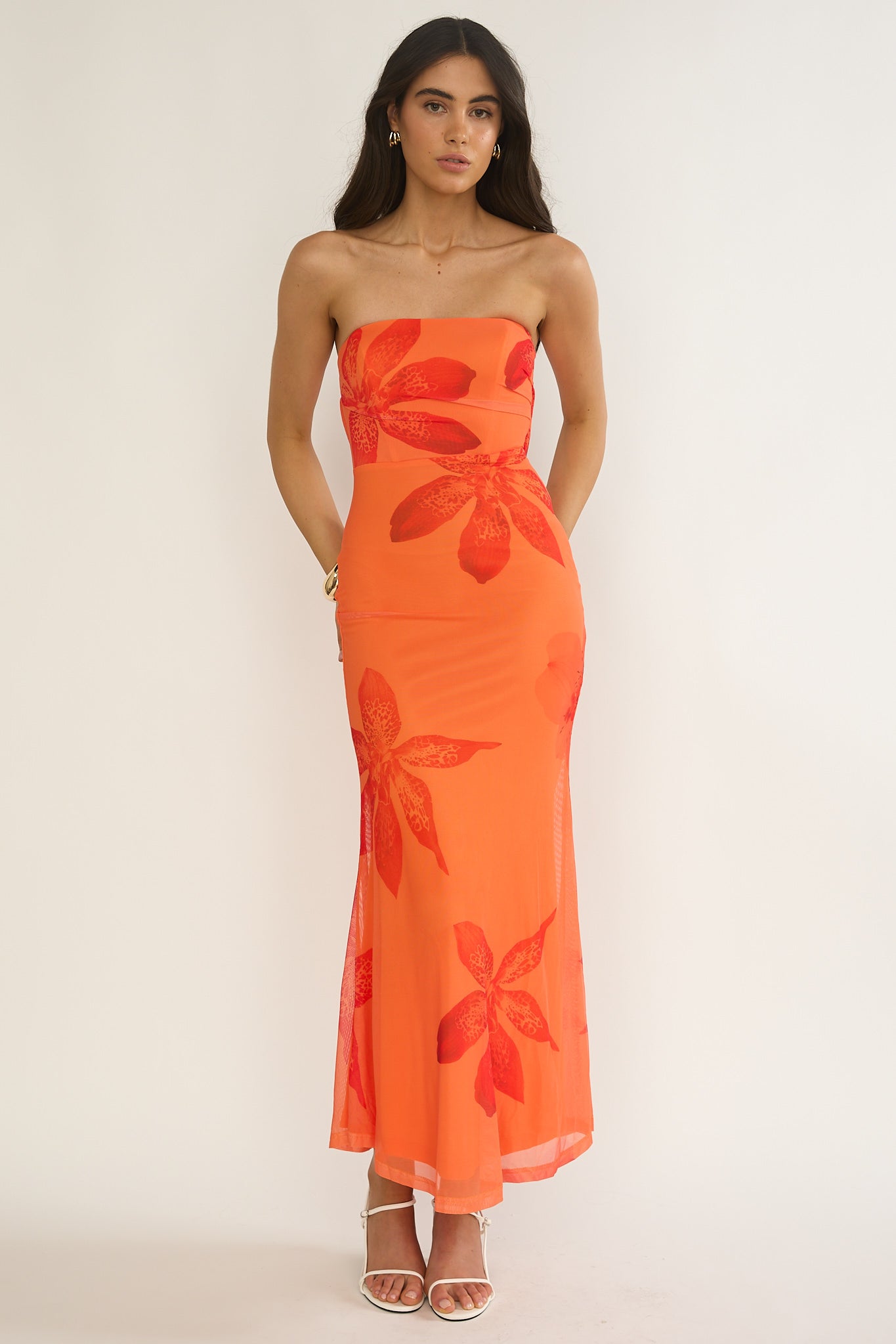 Minnesota Strapless Cowl Back Dress Floral Orange by Selfie Leslie Australia