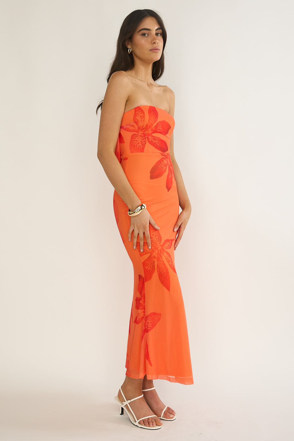 Minnesota Strapless Cowl Back Dress Floral Orange by Selfie Leslie Australia