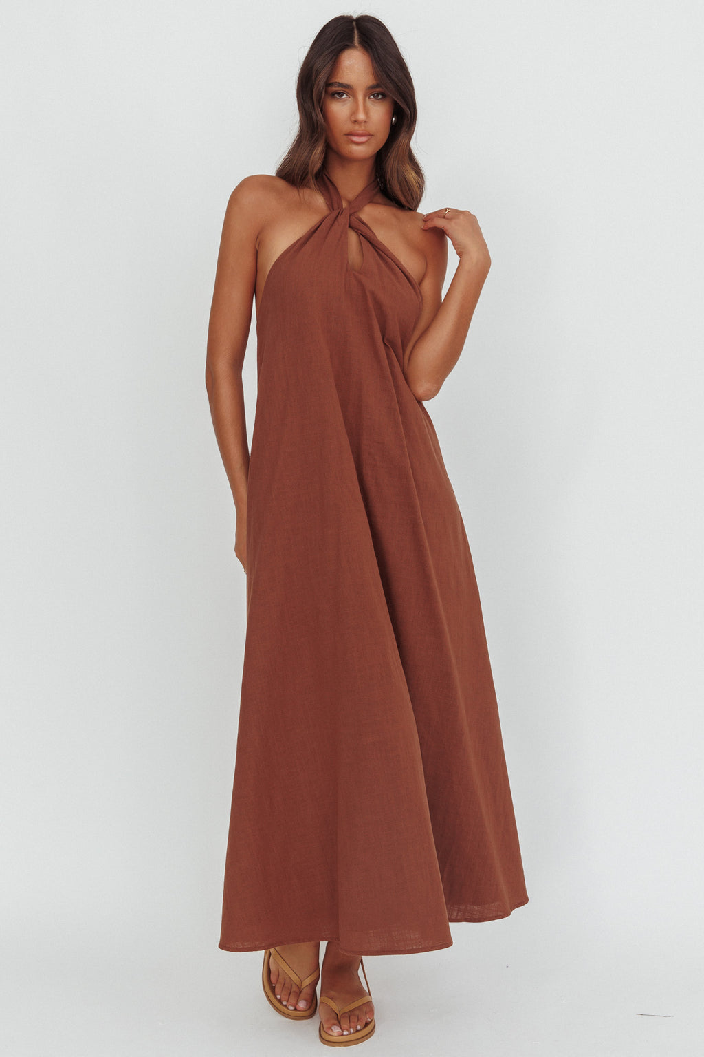 Cheer Twist Halterneck Maxi Dress Chocolate by Selfie Leslie Australia