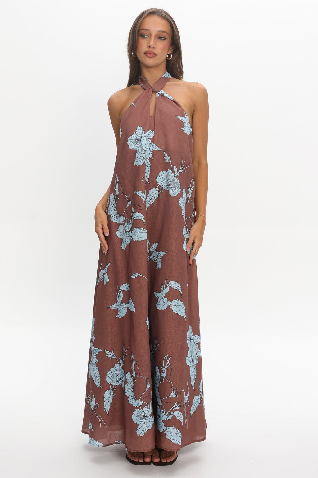 Cheer Backless Halter Maxi Dress Print Floral Chocolate by Selfie Leslie Australia