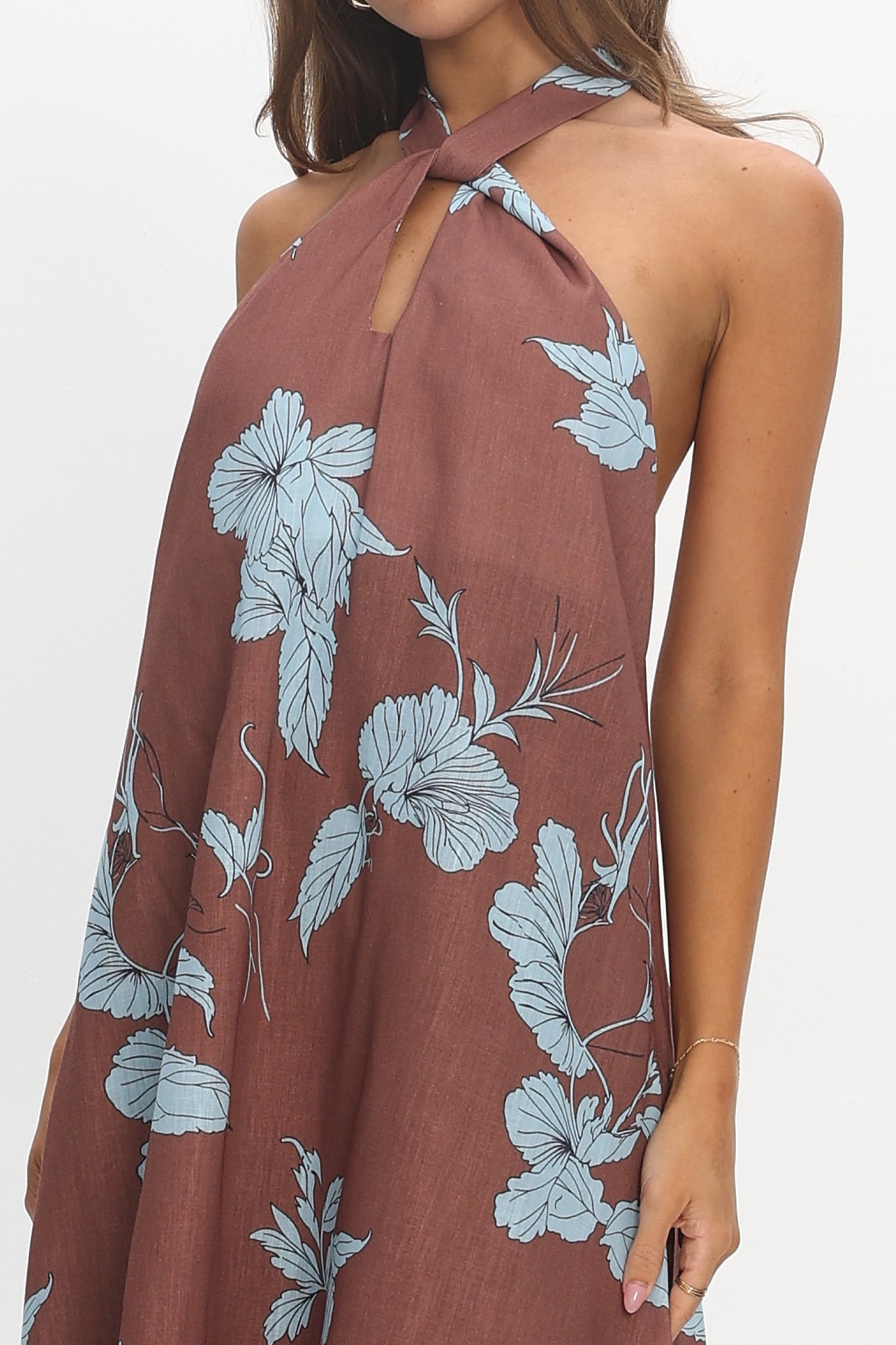 Cheer Backless Halter Maxi Dress Print Floral Chocolate by Selfie Leslie Australia