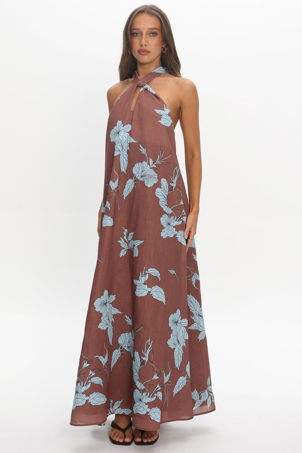 Cheer Backless Halter Maxi Dress Print Floral Chocolate by Selfie Leslie Australia