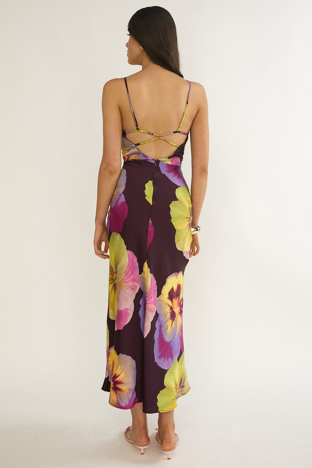 Floating Strappy Low Back Maxi Dress Pansies Plum by Selfie Leslie Australia