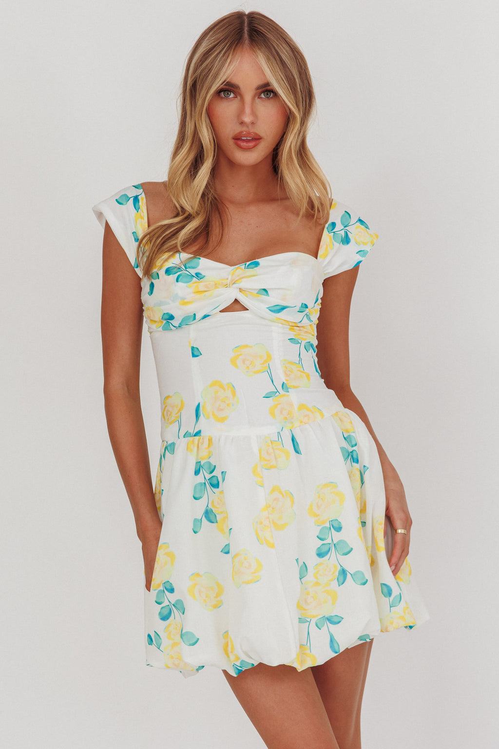 Cadi Twist Bust Balloon Mini Dress Floral Yellow by Selfie Leslie Australia