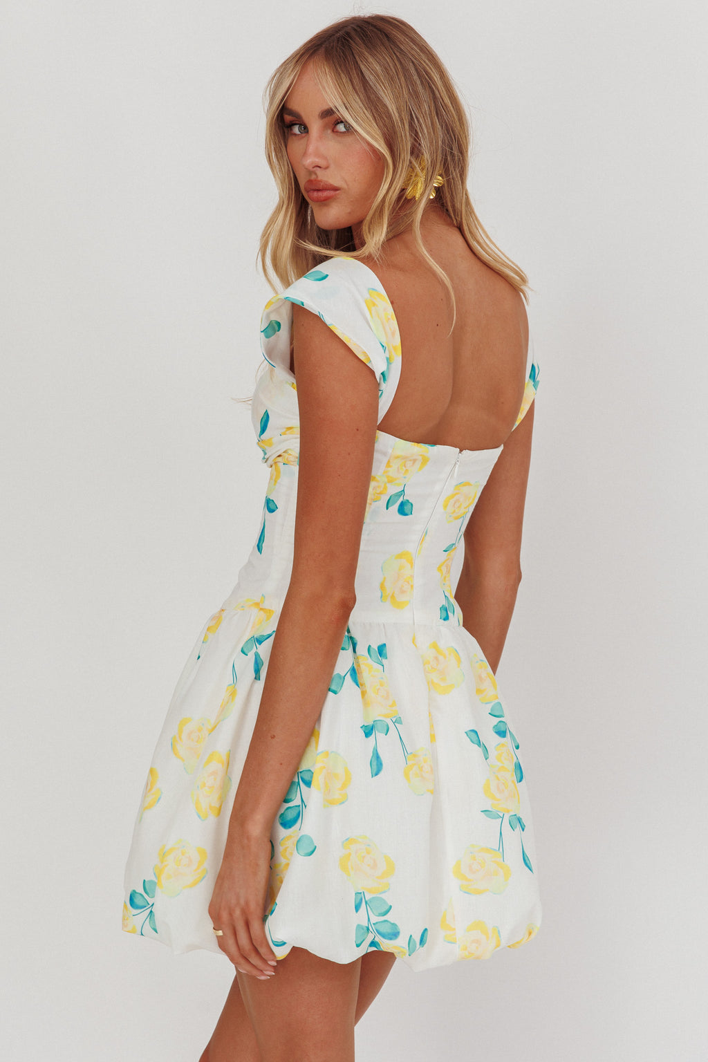 Cadi Twist Bust Balloon Mini Dress Floral Yellow by Selfie Leslie Australia