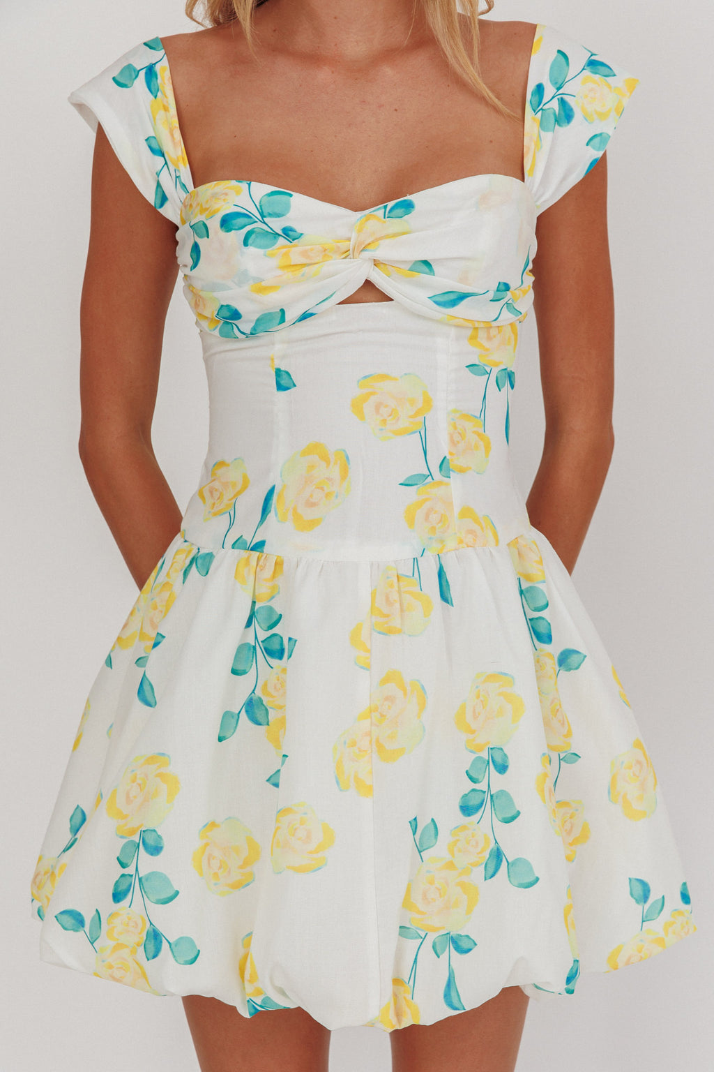 Cadi Twist Bust Balloon Mini Dress Floral Yellow by Selfie Leslie Australia