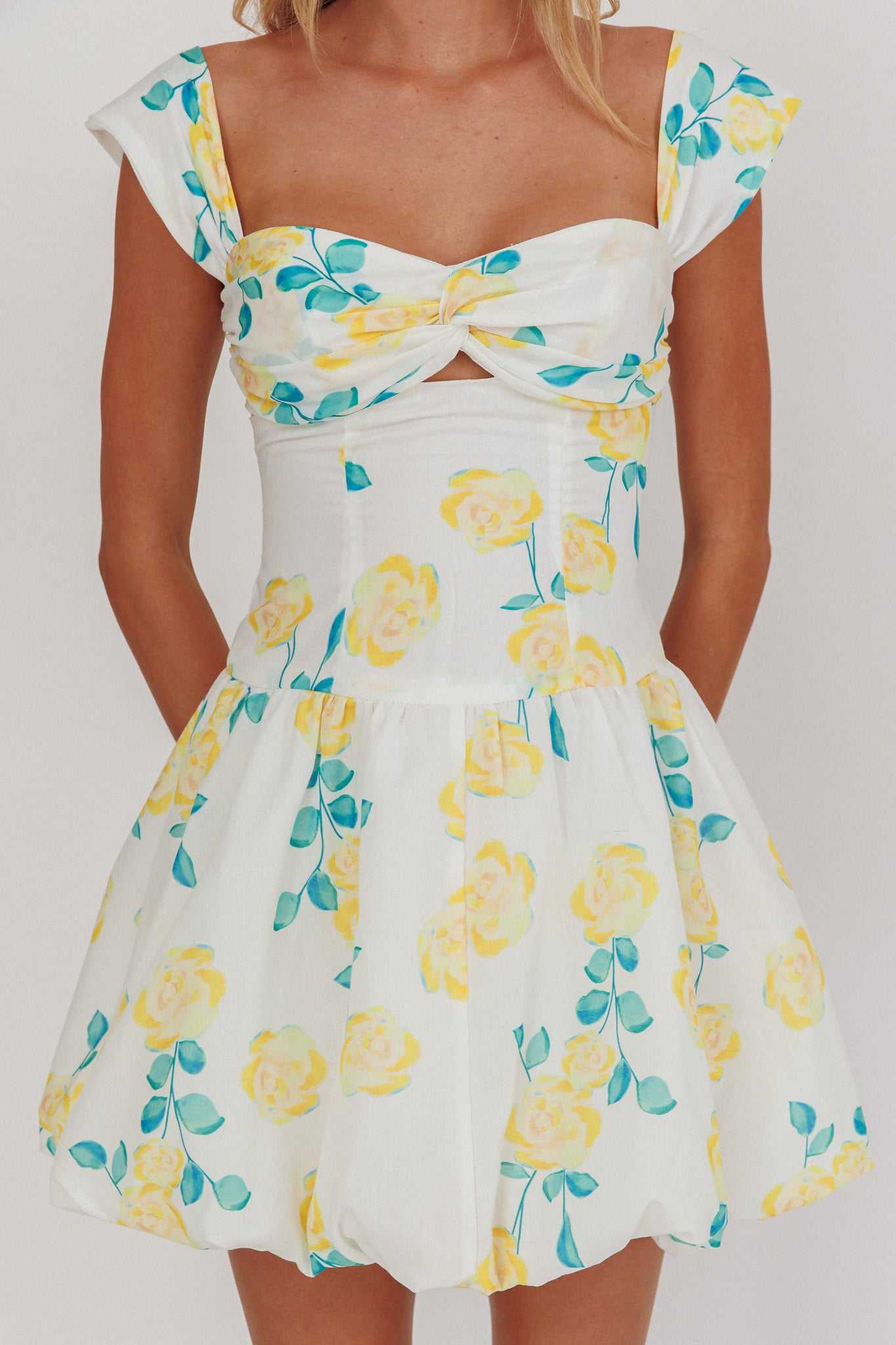 Cadi Twist Bust Balloon Mini Dress Floral Yellow by Selfie Leslie Australia