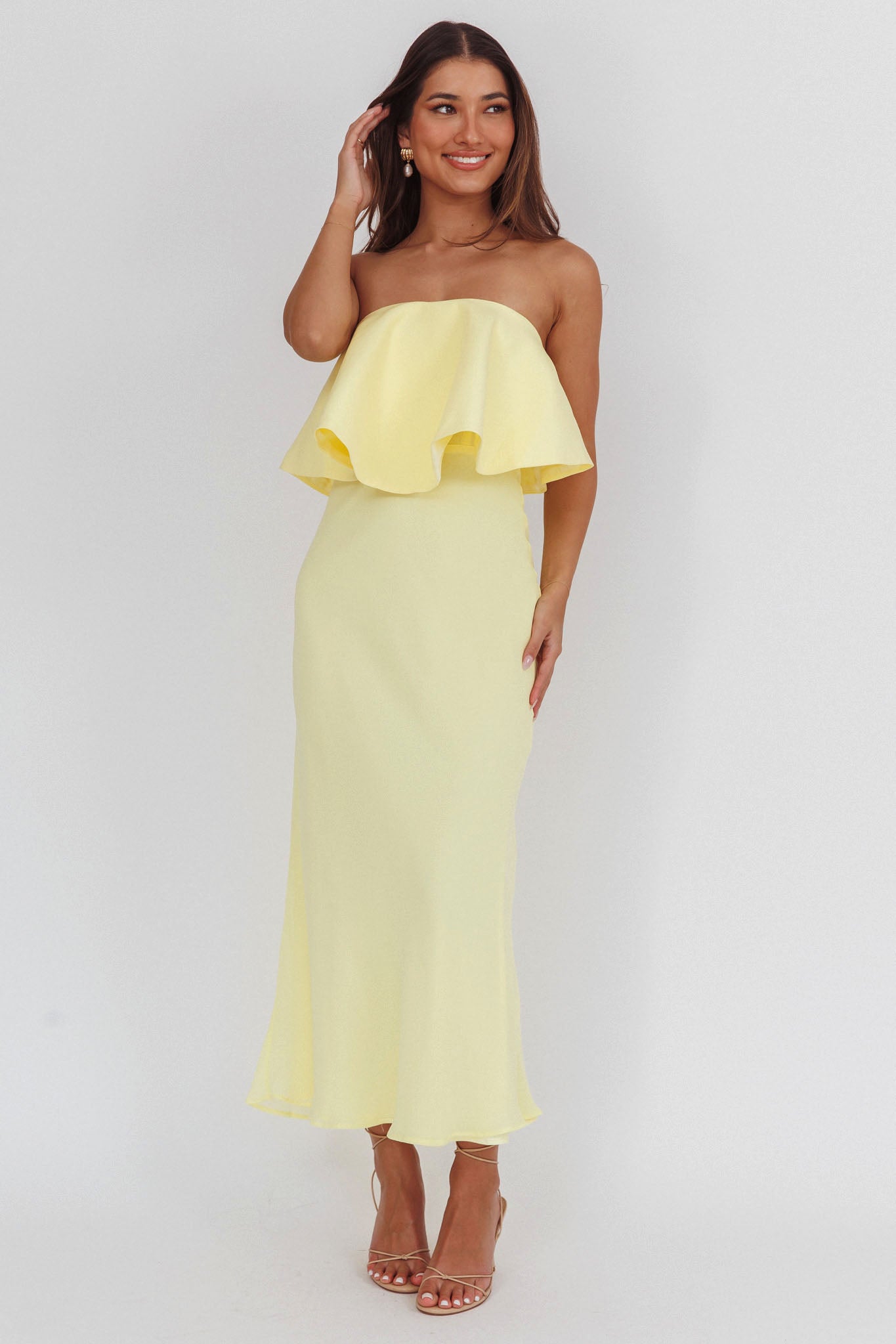 Nerina Strapless Ruffle Neckline Maxi Dress Panna Cotta by Selfie Leslie Australia