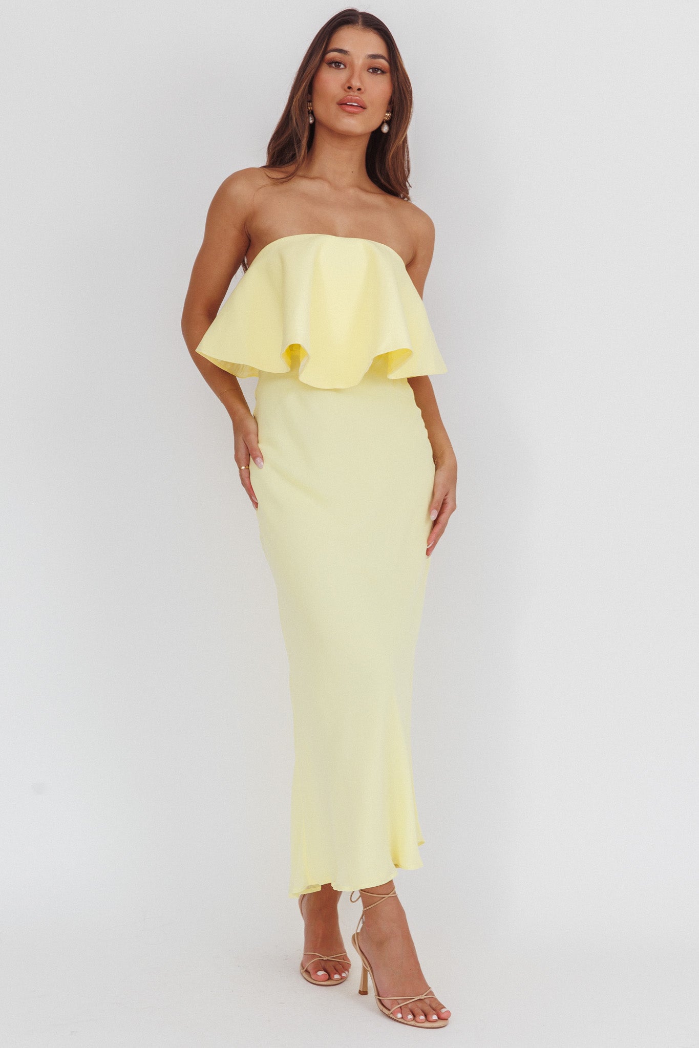 Nerina Strapless Ruffle Neckline Maxi Dress Panna Cotta by Selfie Leslie Australia