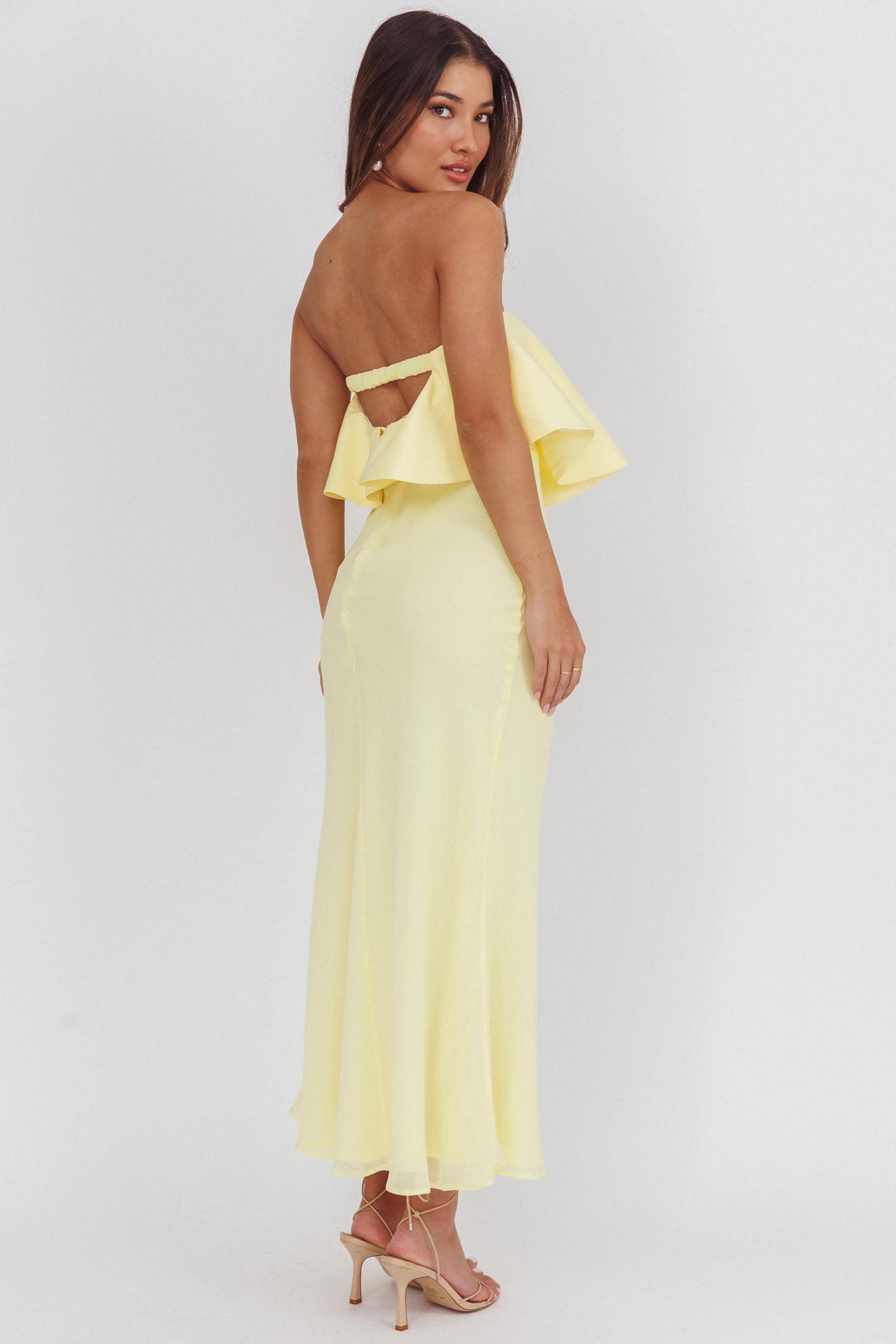 Nerina Strapless Ruffle Neckline Maxi Dress Panna Cotta by Selfie Leslie Australia