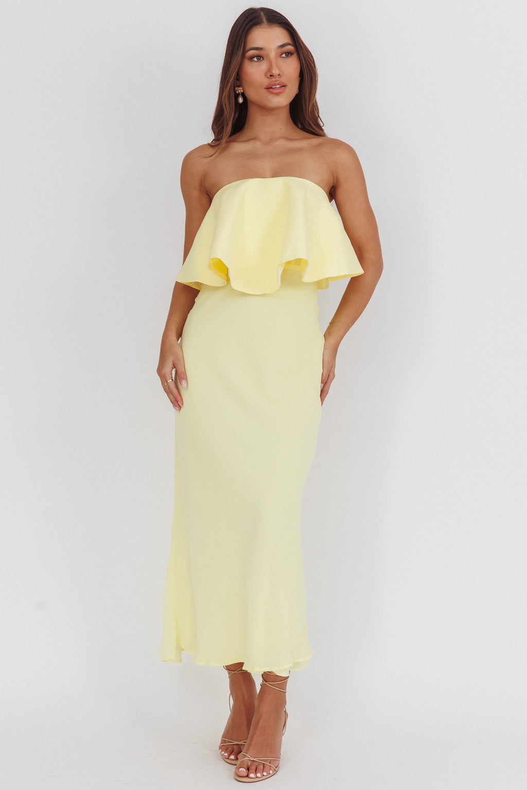 Nerina Strapless Ruffle Neckline Maxi Dress Panna Cotta by Selfie Leslie Australia