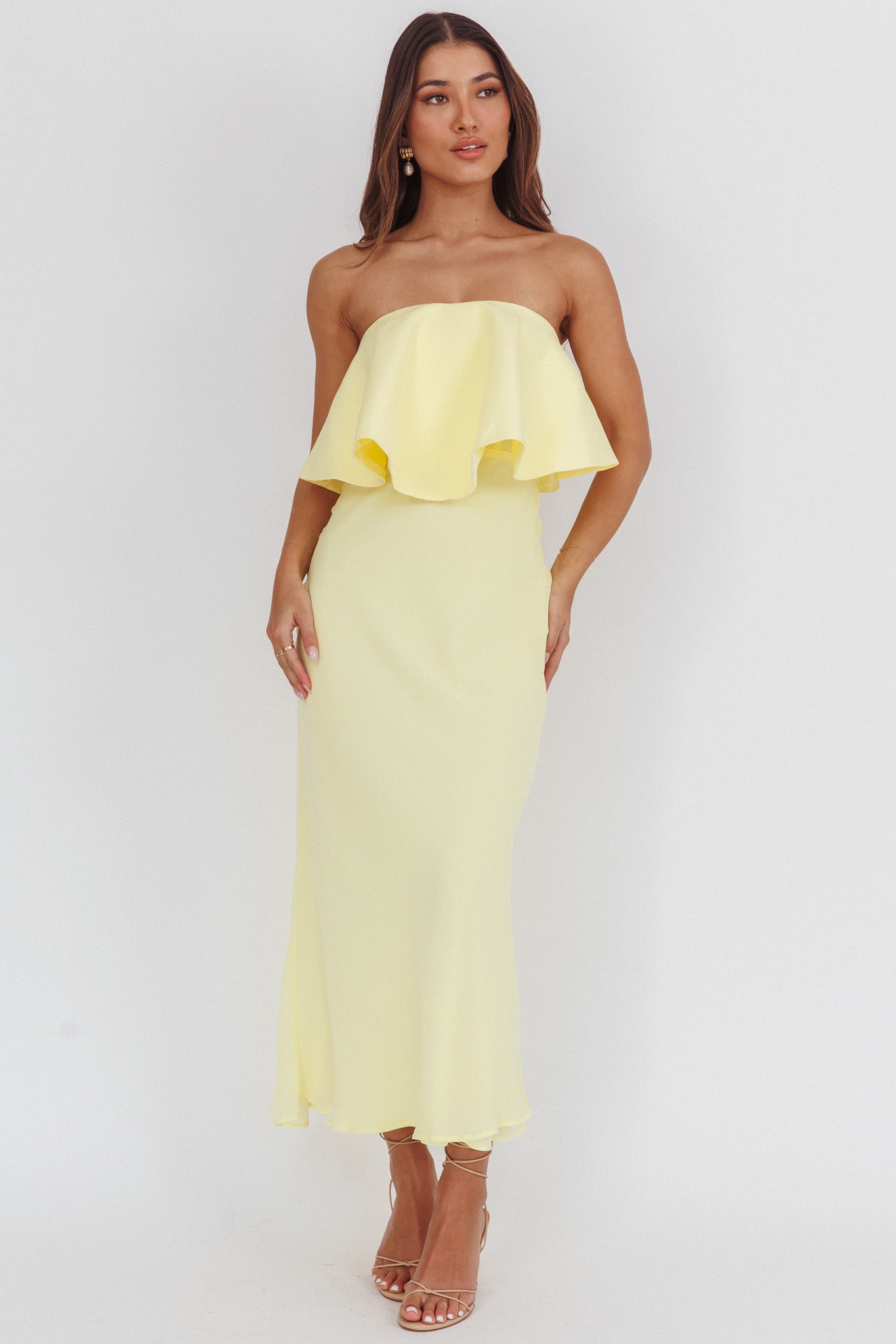 Nerina Strapless Ruffle Neckline Maxi Dress Panna Cotta by Selfie Leslie Australia