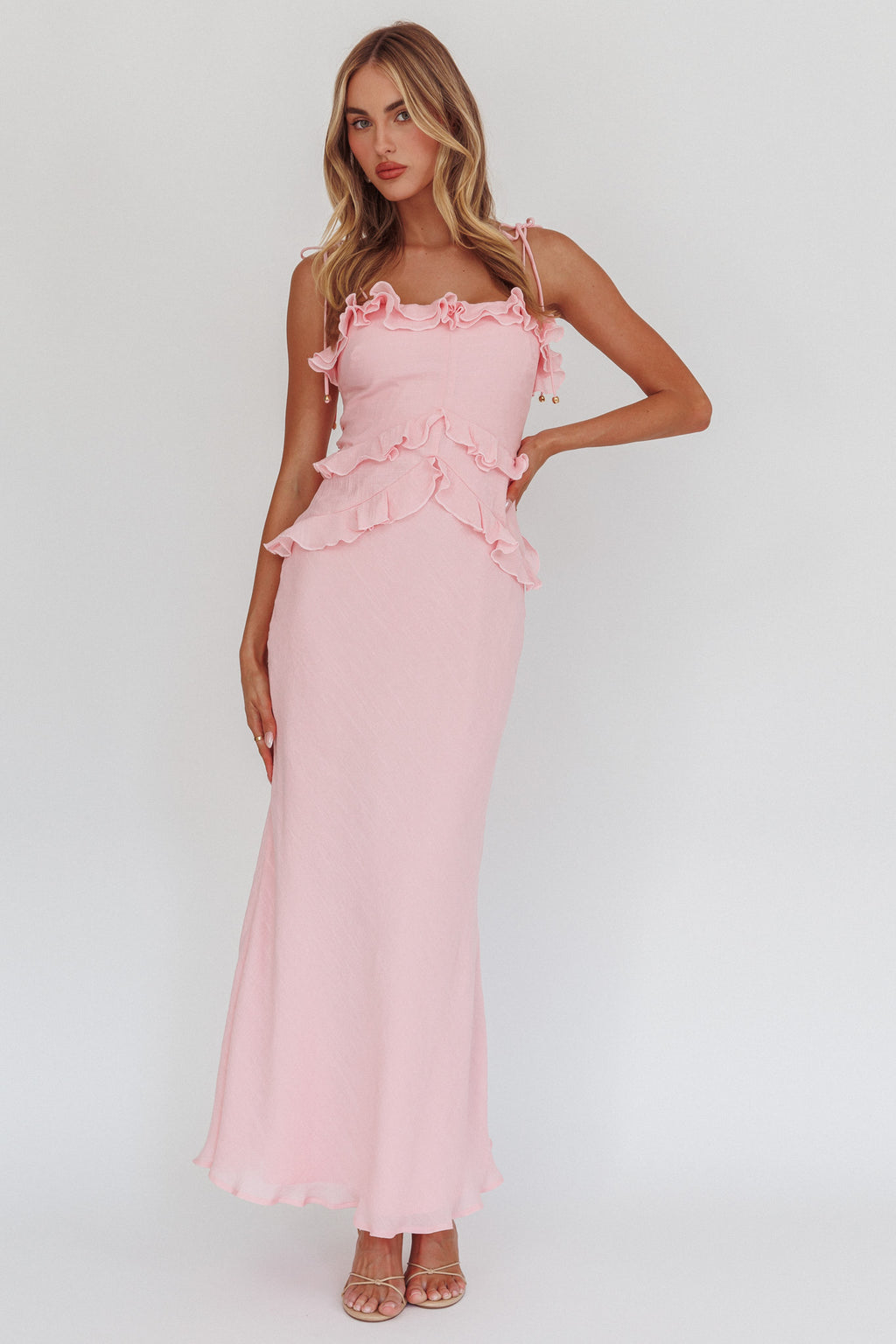 On A Roll Frill Trim Maxi Dress Pink by Selfie Leslie Australia