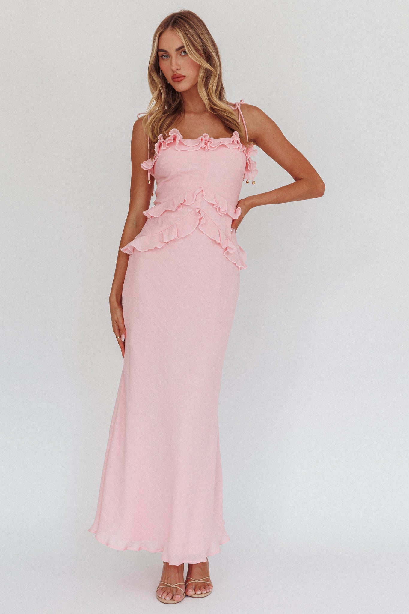On A Roll Frill Trim Maxi Dress Pink by Selfie Leslie Australia