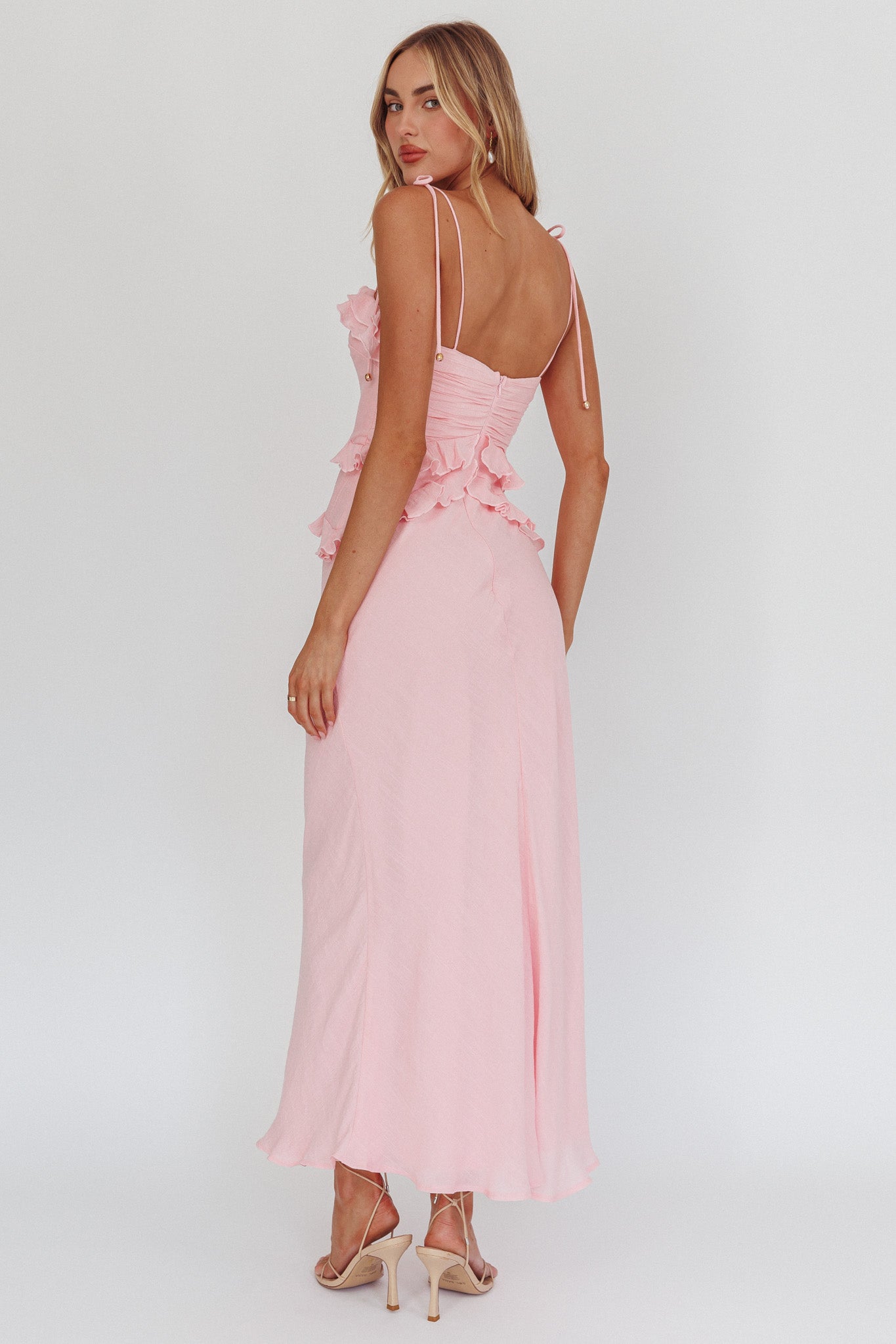 On A Roll Frill Trim Maxi Dress Pink by Selfie Leslie Australia