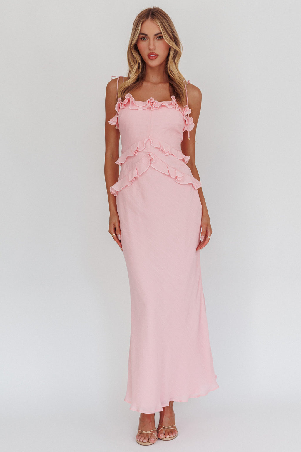On A Roll Frill Trim Maxi Dress Pink by Selfie Leslie Australia