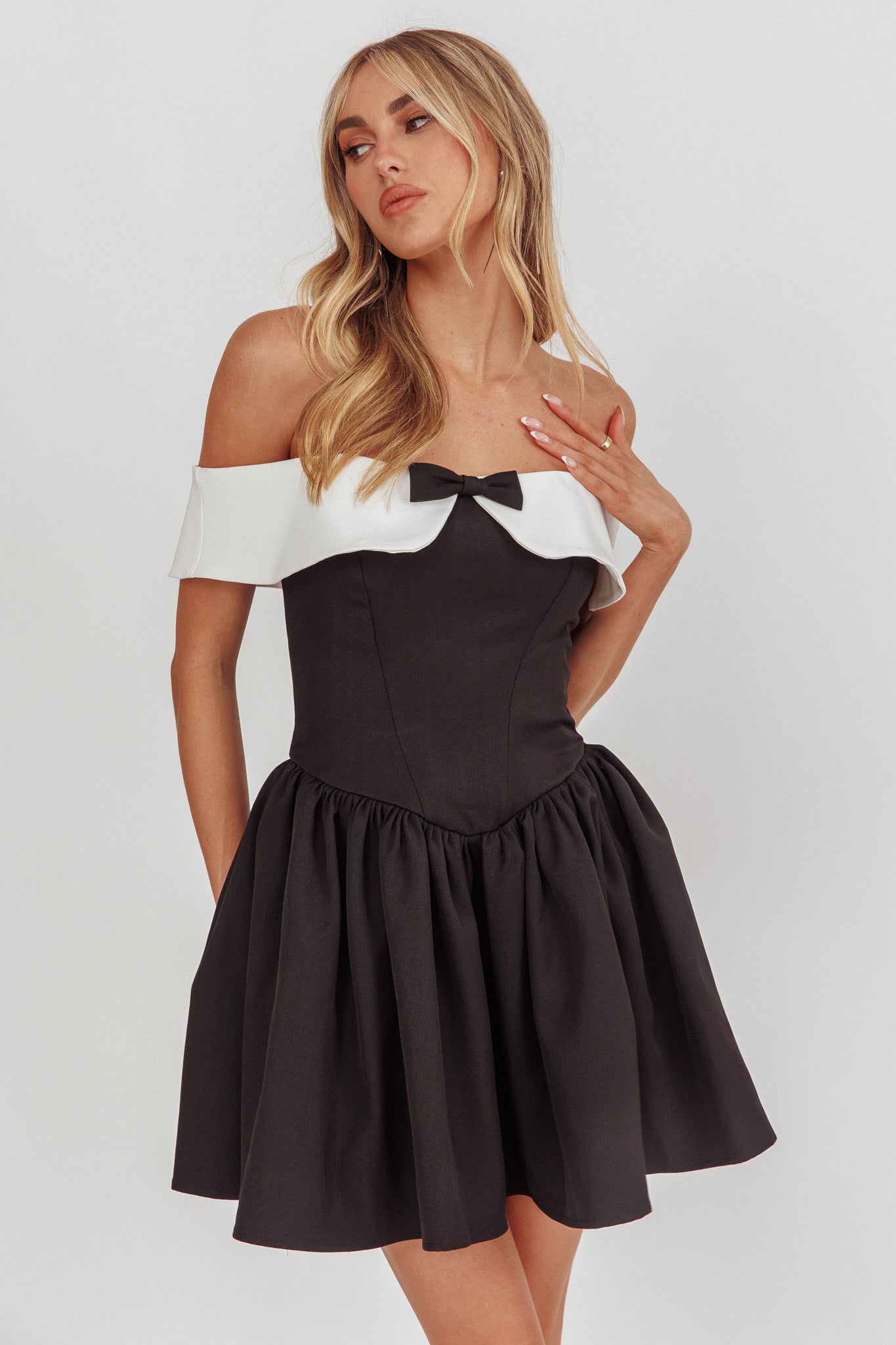 Grace Kelly Contrast Off-Shoulder Mini Dress Black by Selfie Leslie Australia