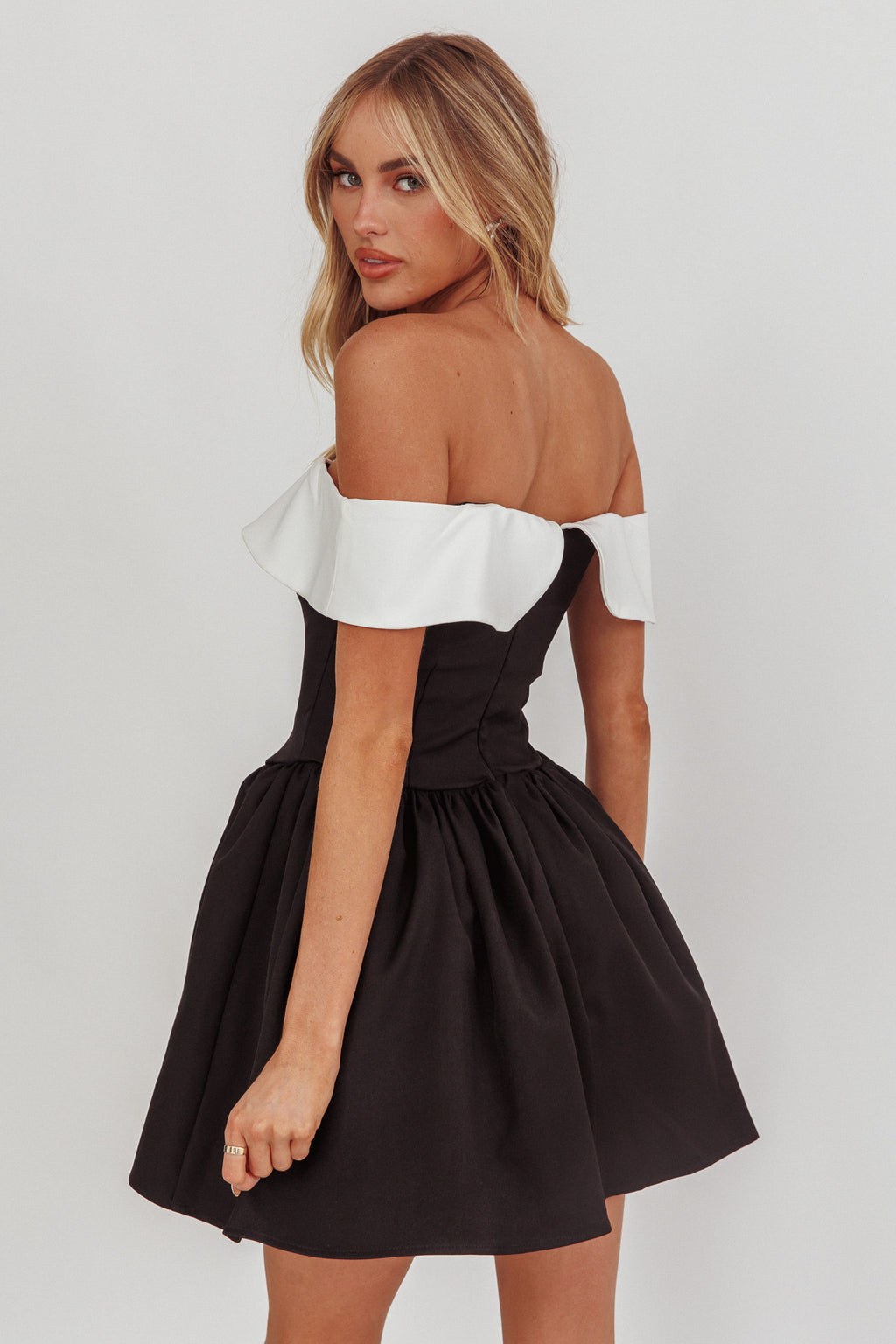 Grace Kelly Contrast Off-Shoulder Mini Dress Black by Selfie Leslie Australia