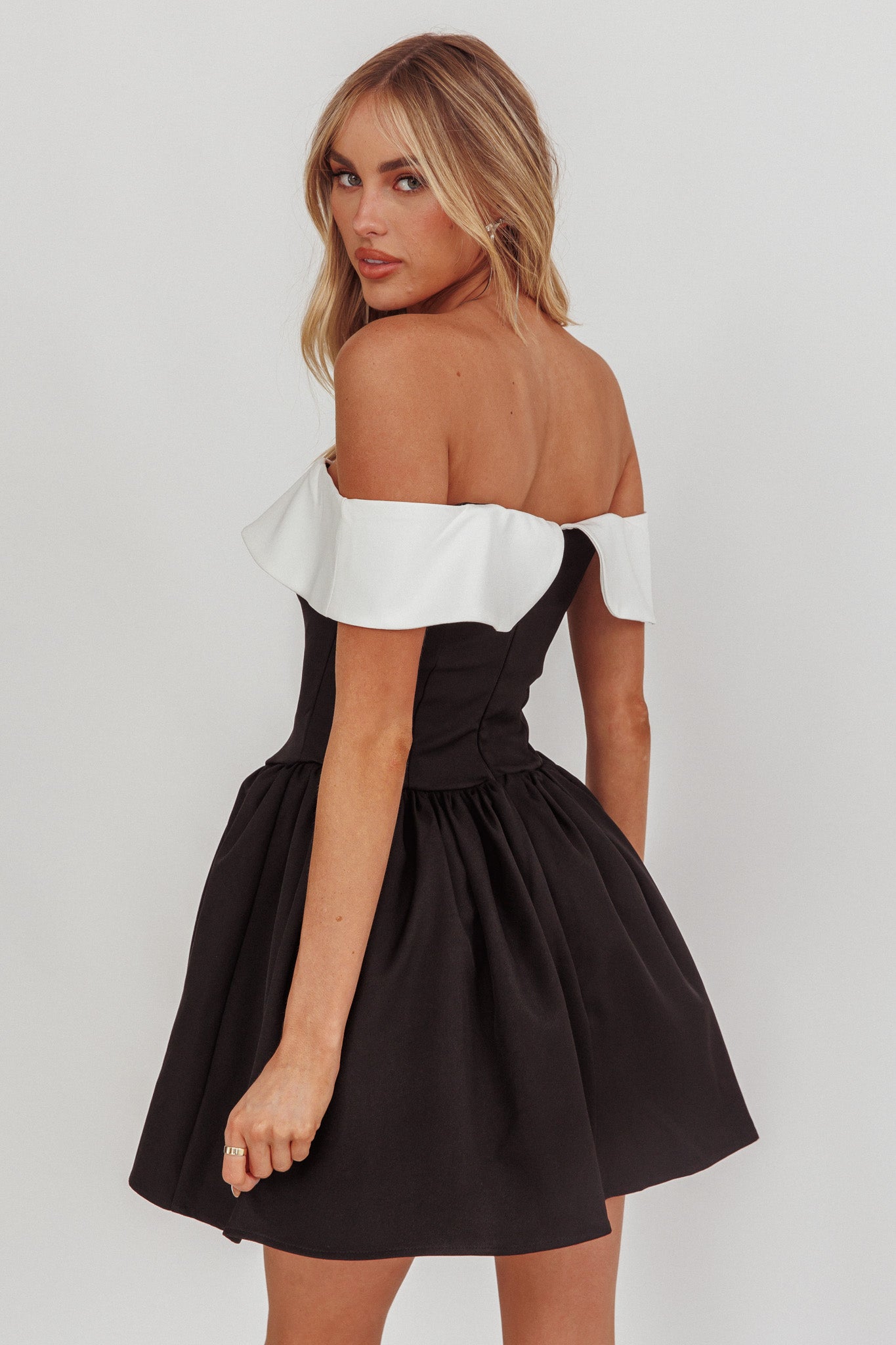 Grace Kelly Contrast Off-Shoulder Mini Dress Black by Selfie Leslie Australia