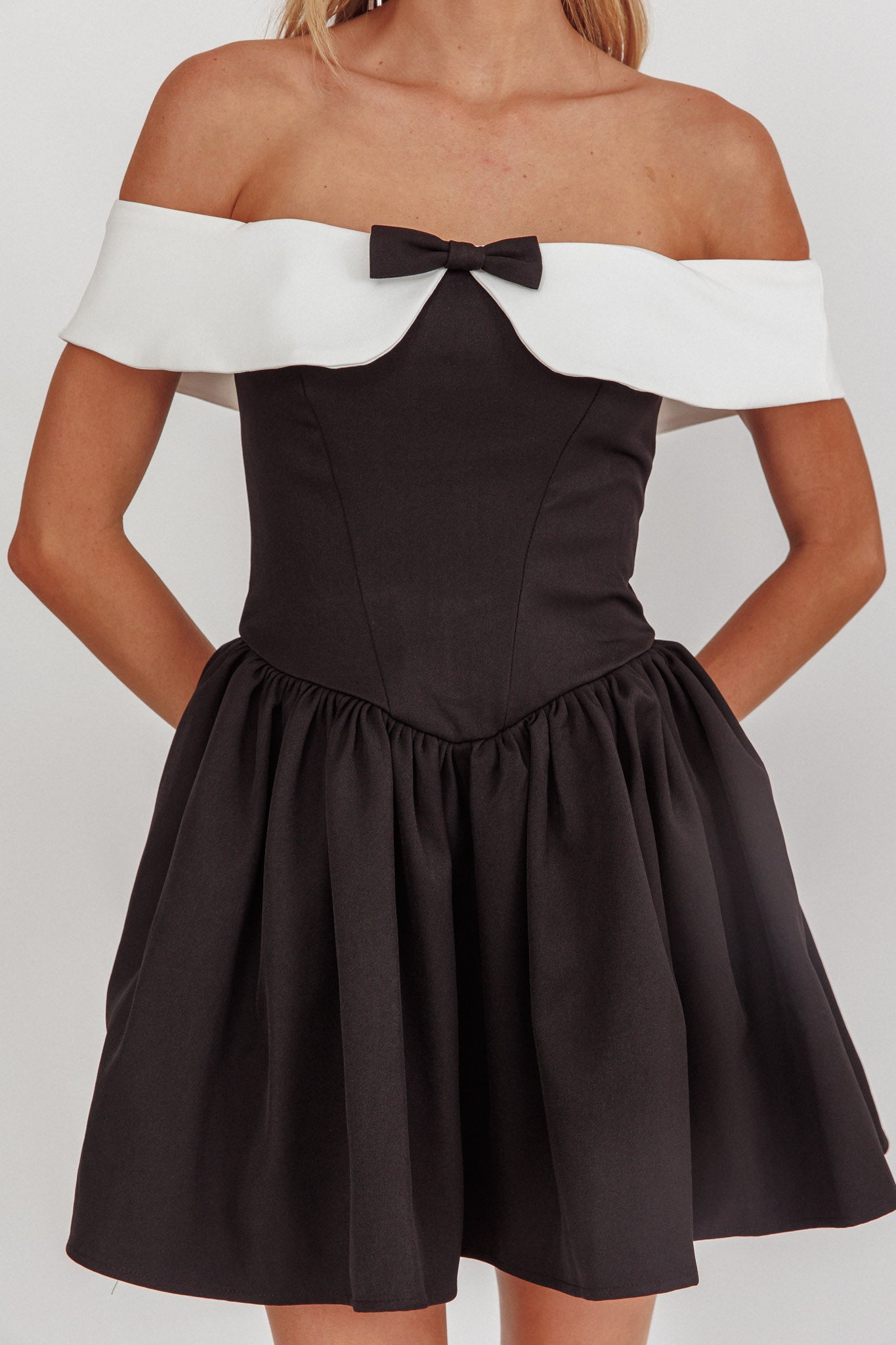 Grace Kelly Contrast Off-Shoulder Mini Dress Black by Selfie Leslie Australia