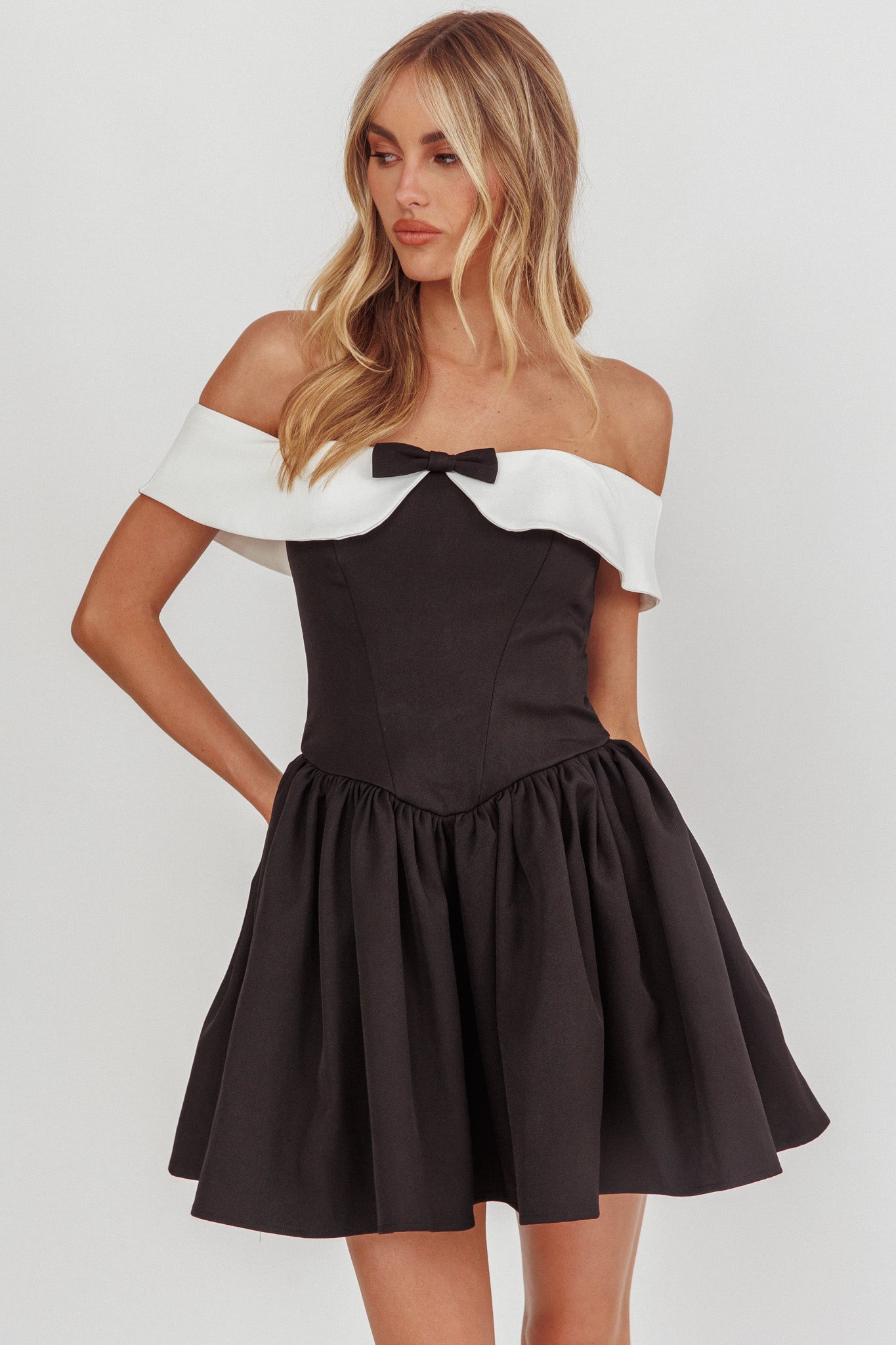 Grace Kelly Contrast Off-Shoulder Mini Dress Black by Selfie Leslie Australia