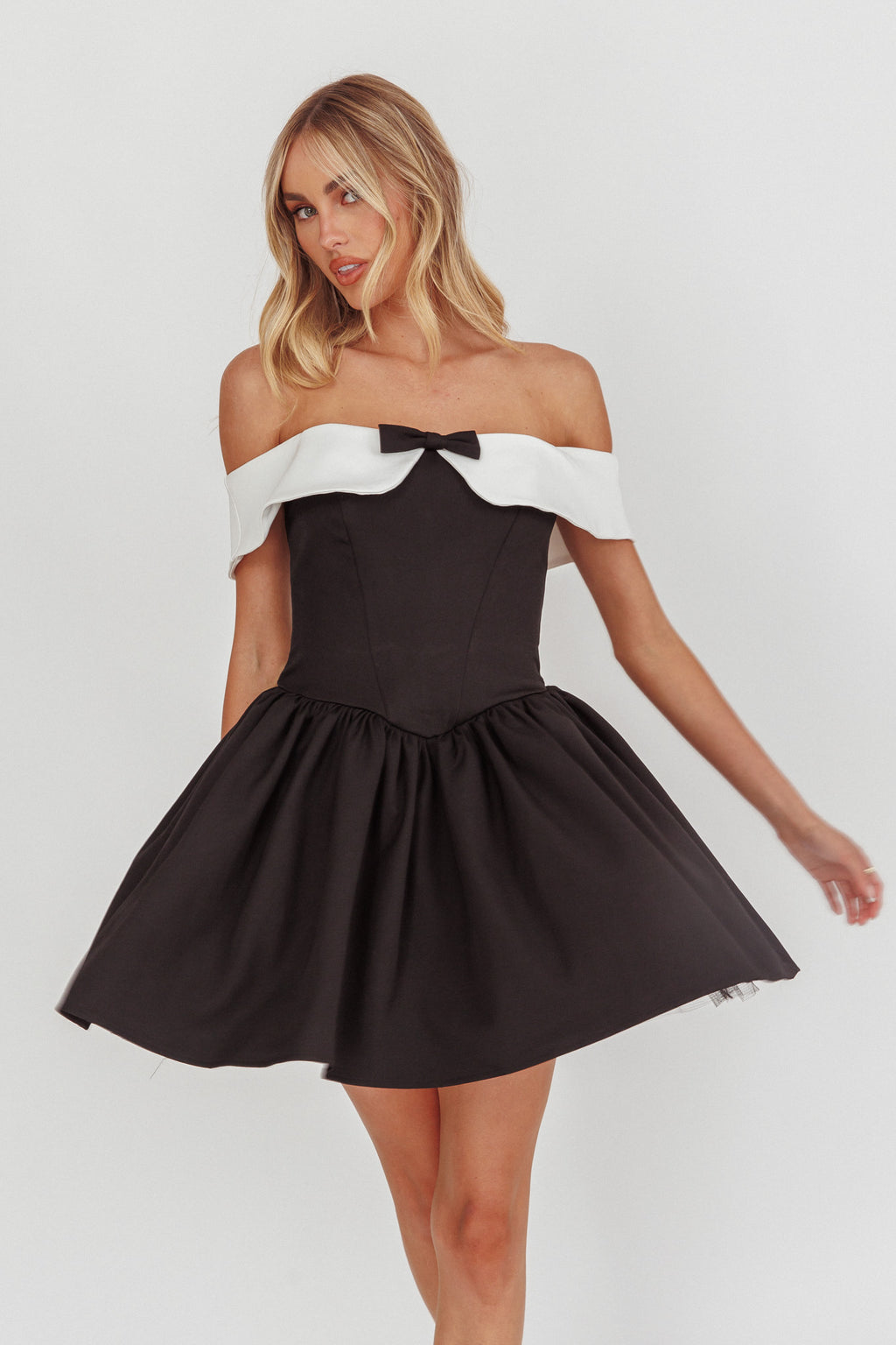Grace Kelly Contrast Off-Shoulder Mini Dress Black by Selfie Leslie Australia
