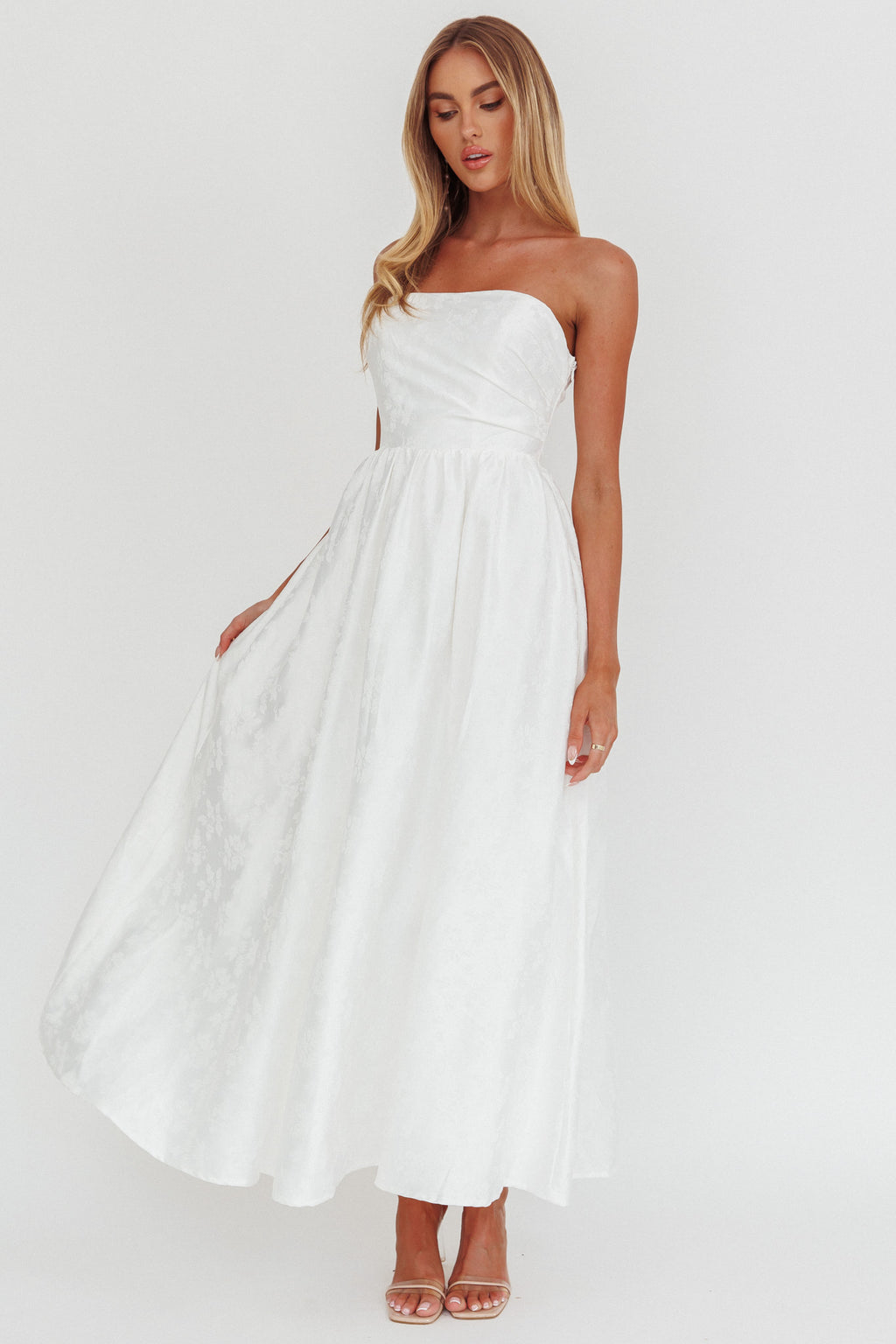 Anushka Strapless Empire Maxi Dress Jacquard White by Selfie Leslie Australia