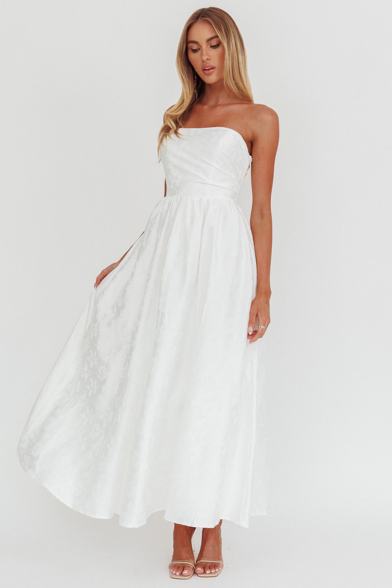 Anushka Strapless Empire Maxi Dress Jacquard White by Selfie Leslie Australia