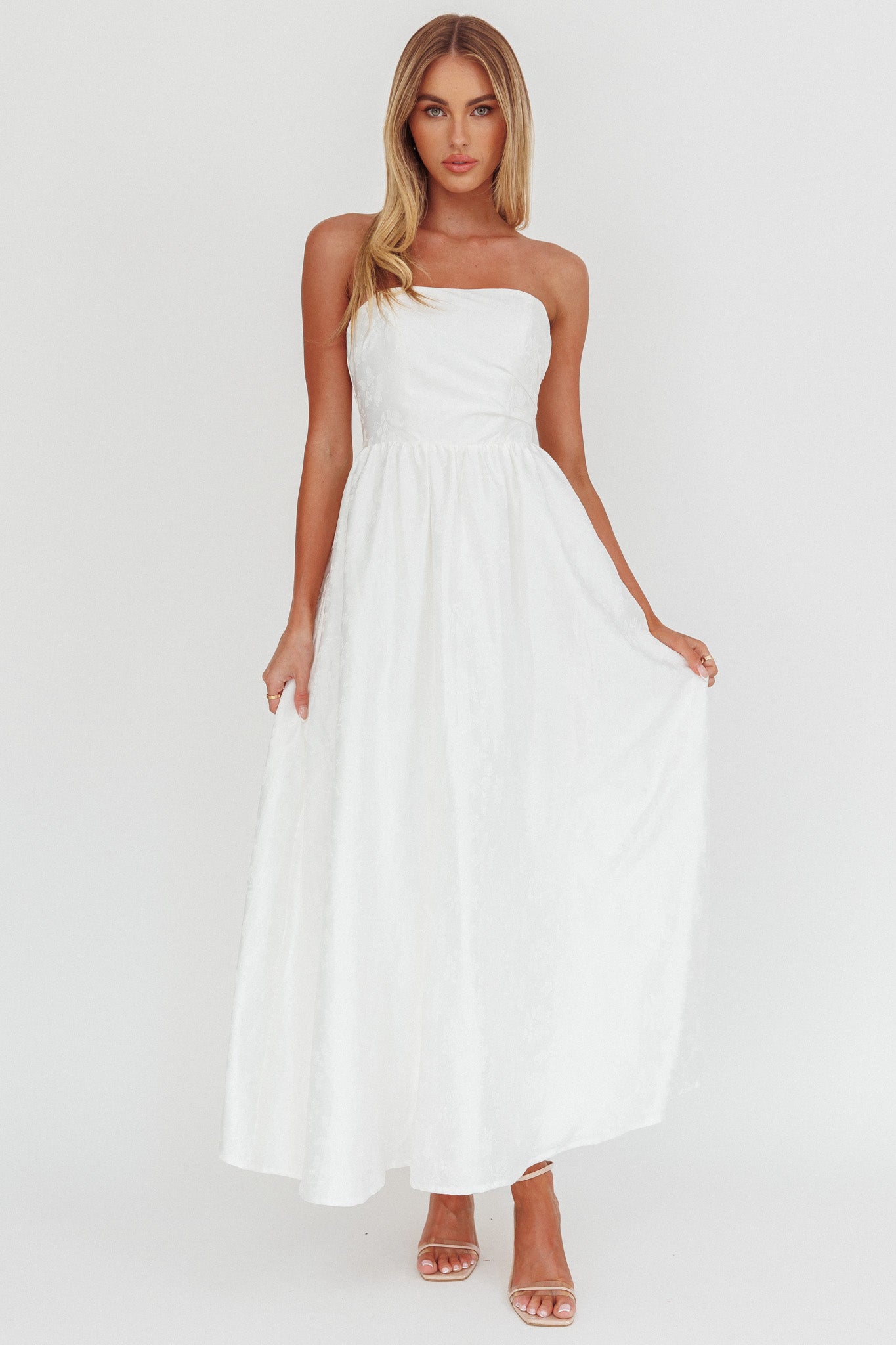 Anushka Strapless Empire Maxi Dress Jacquard White by Selfie Leslie Australia