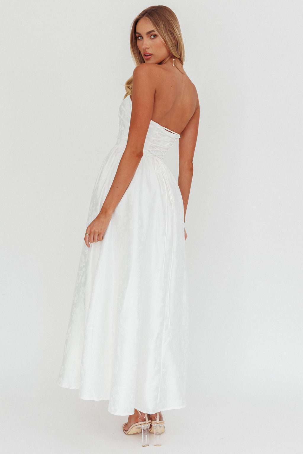 Anushka Strapless Empire Maxi Dress Jacquard White by Selfie Leslie Australia