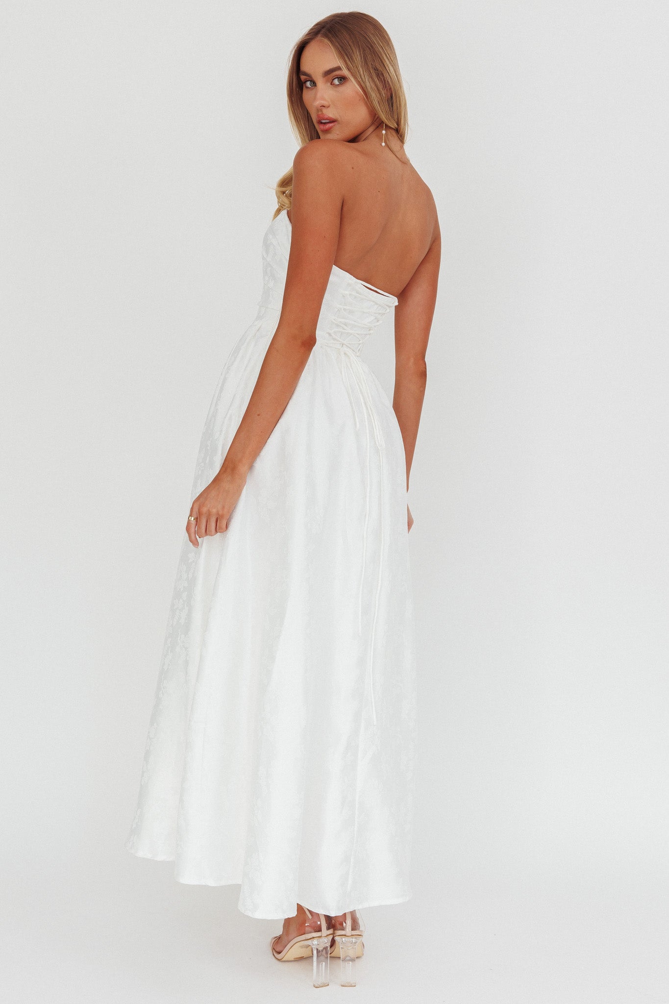 Anushka Strapless Empire Maxi Dress Jacquard White by Selfie Leslie Australia