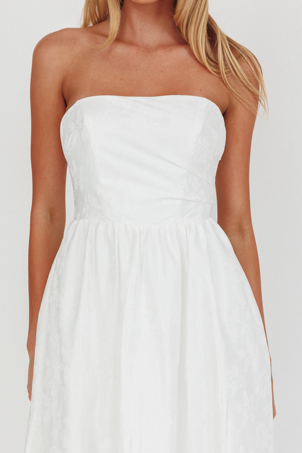 Anushka Strapless Empire Maxi Dress Jacquard White by Selfie Leslie Australia