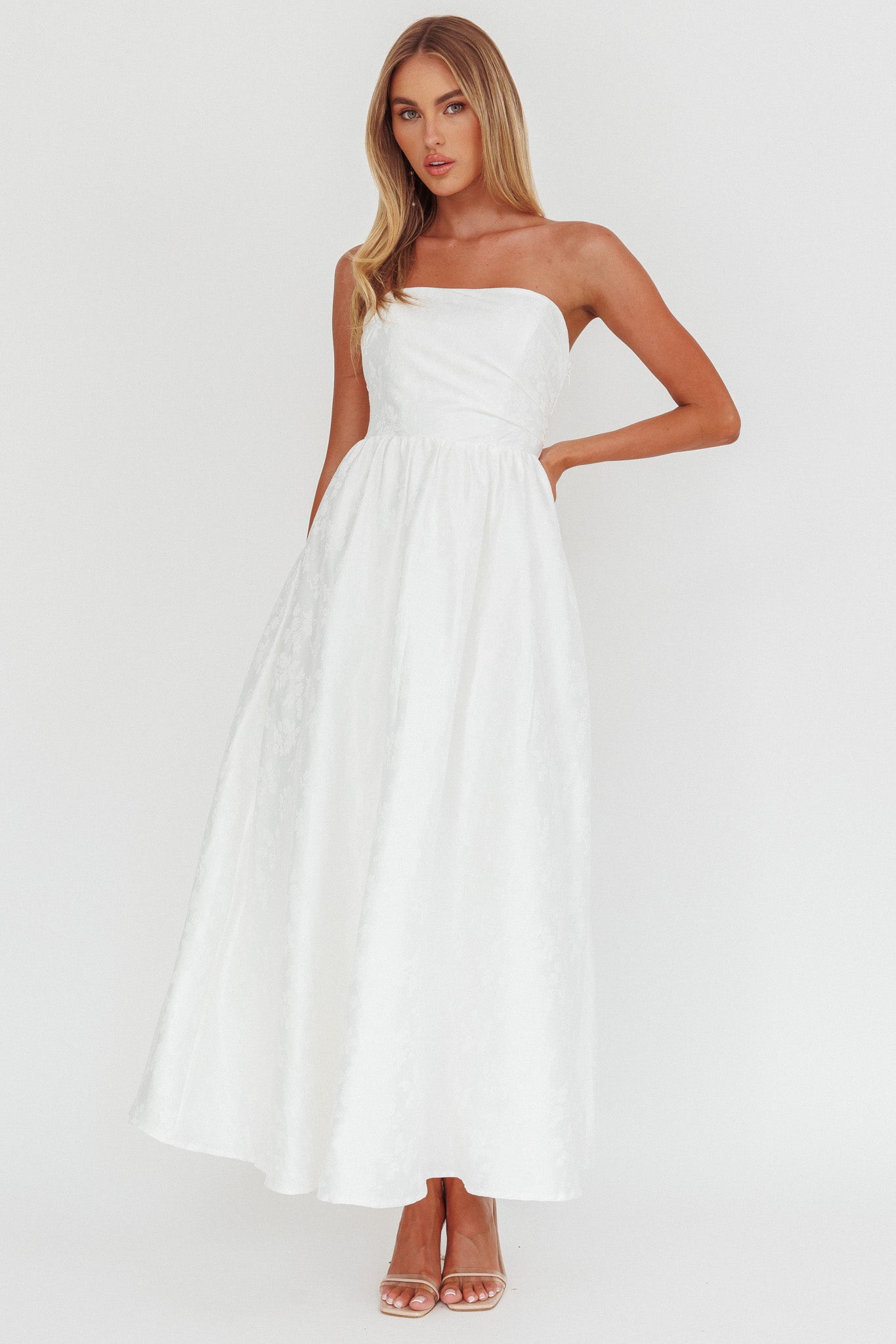 Anushka Strapless Empire Maxi Dress Jacquard White by Selfie Leslie Australia