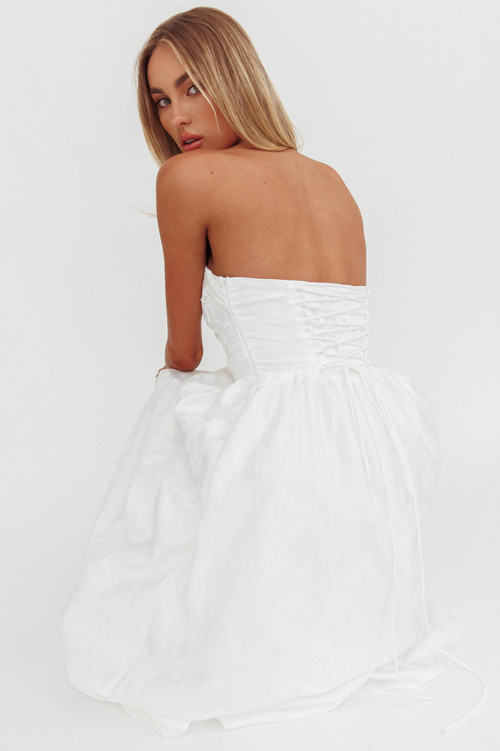 Anushka Strapless Empire Maxi Dress Jacquard White by Selfie Leslie Australia
