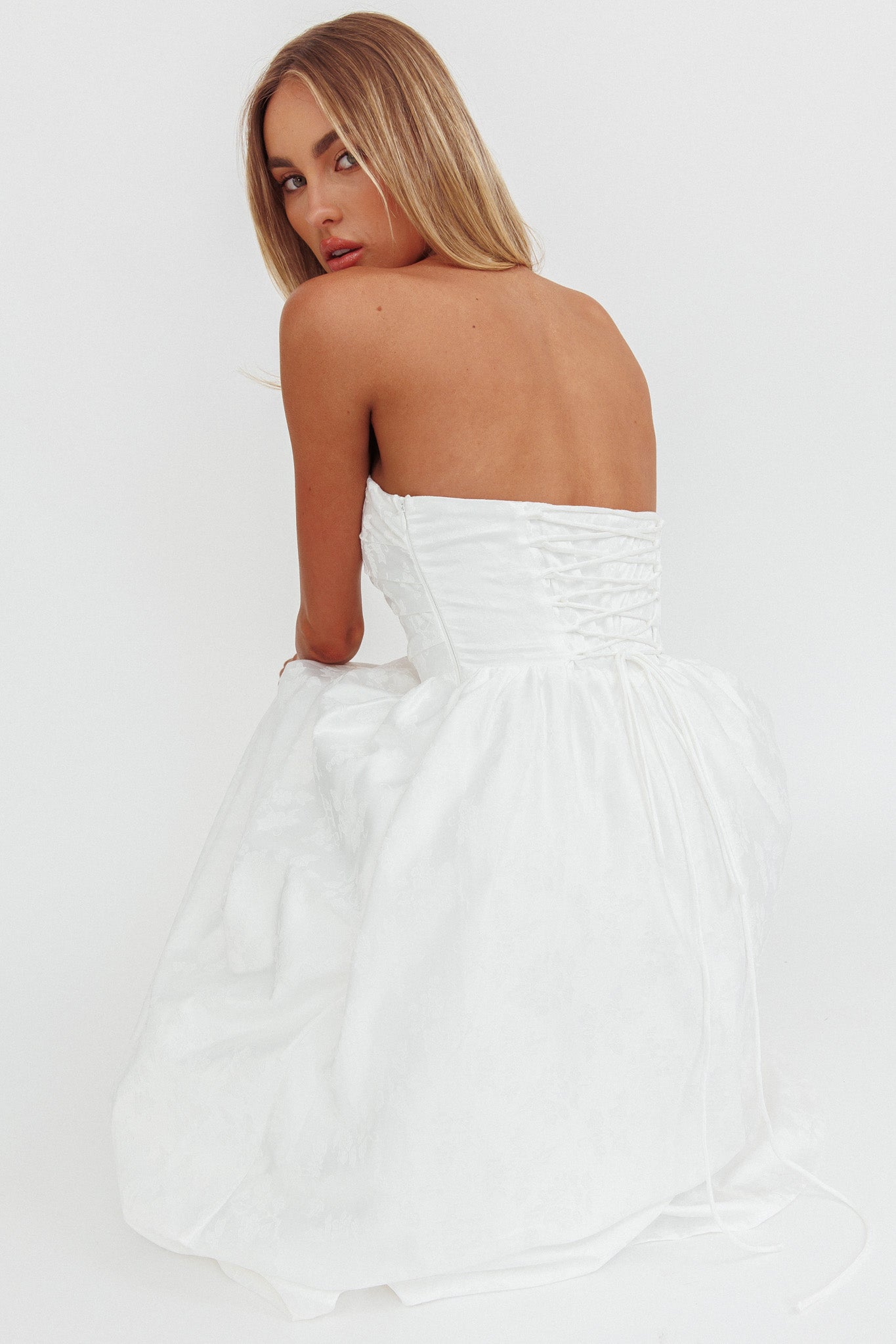 Anushka Strapless Empire Maxi Dress Jacquard White by Selfie Leslie Australia